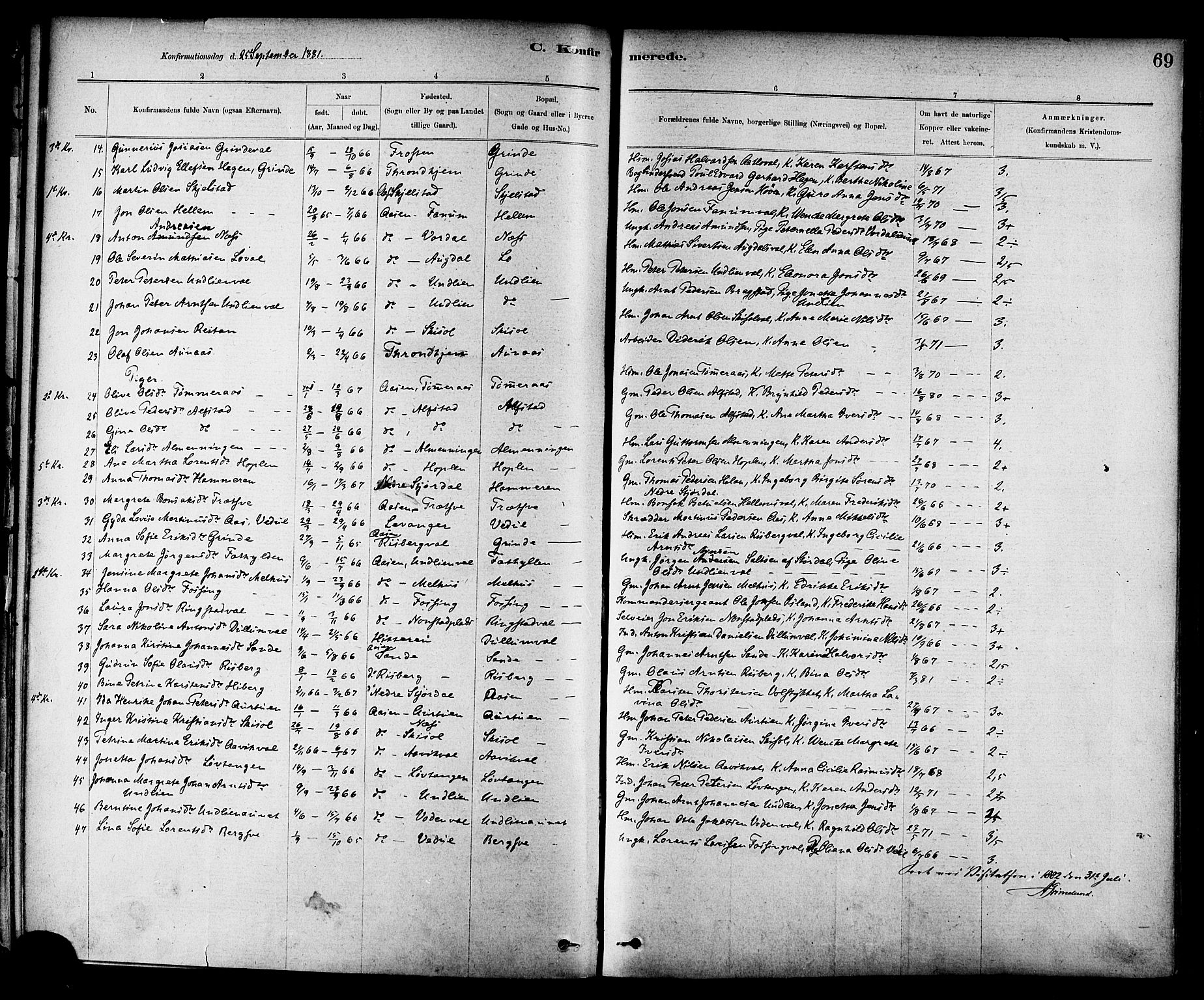 Ministerialprotokoller, klokkerbøker og fødselsregistre - Nord-Trøndelag, AV/SAT-A-1458/714/L0130: Ministerialbok nr. 714A01, 1878-1895, s. 69