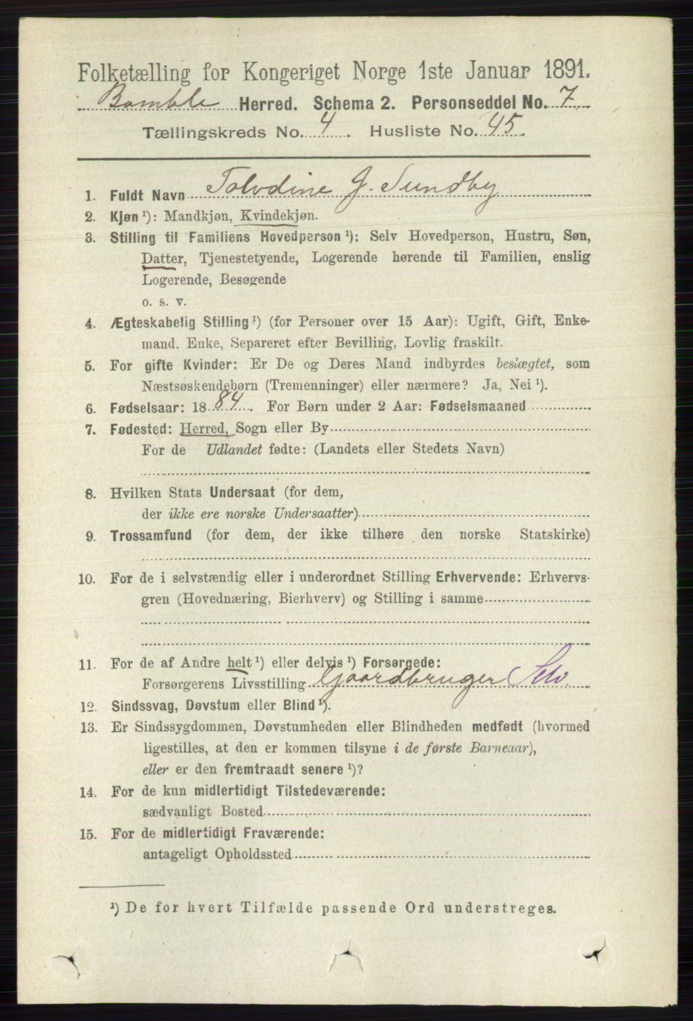 RA, Folketelling 1891 for 0814 Bamble herred, 1891, s. 2007