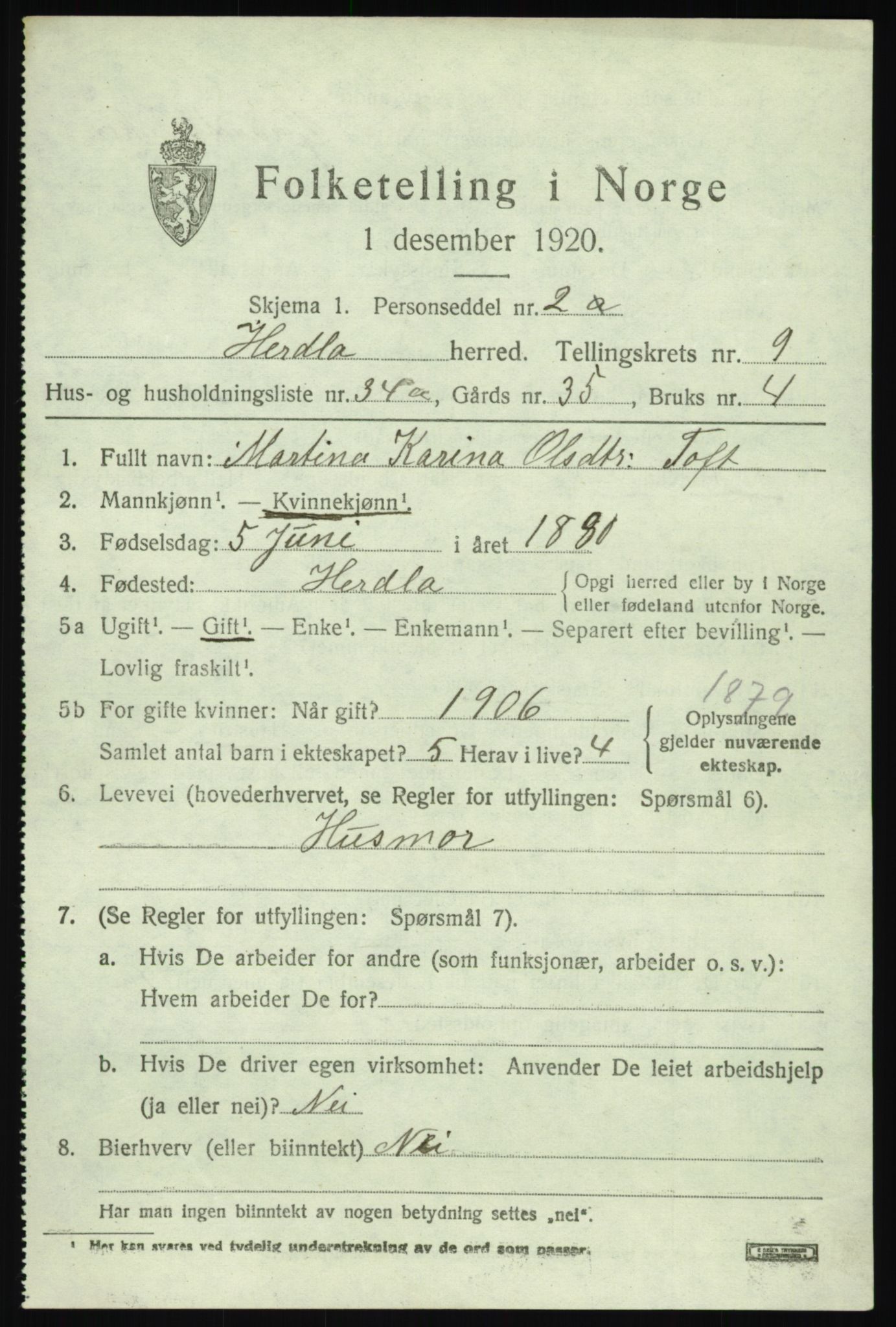 SAB, Folketelling 1920 for 1258 Herdla herred, 1920, s. 6725