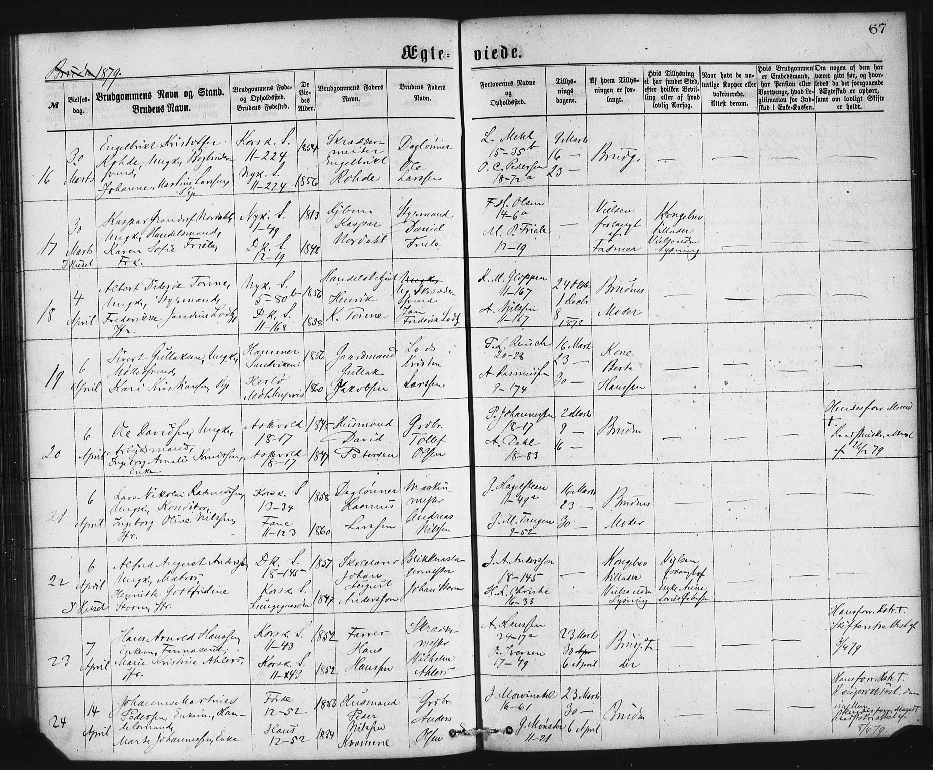 Domkirken sokneprestembete, AV/SAB-A-74801/H/Haa/L0036: Ministerialbok nr. D 3, 1875-1880, s. 67