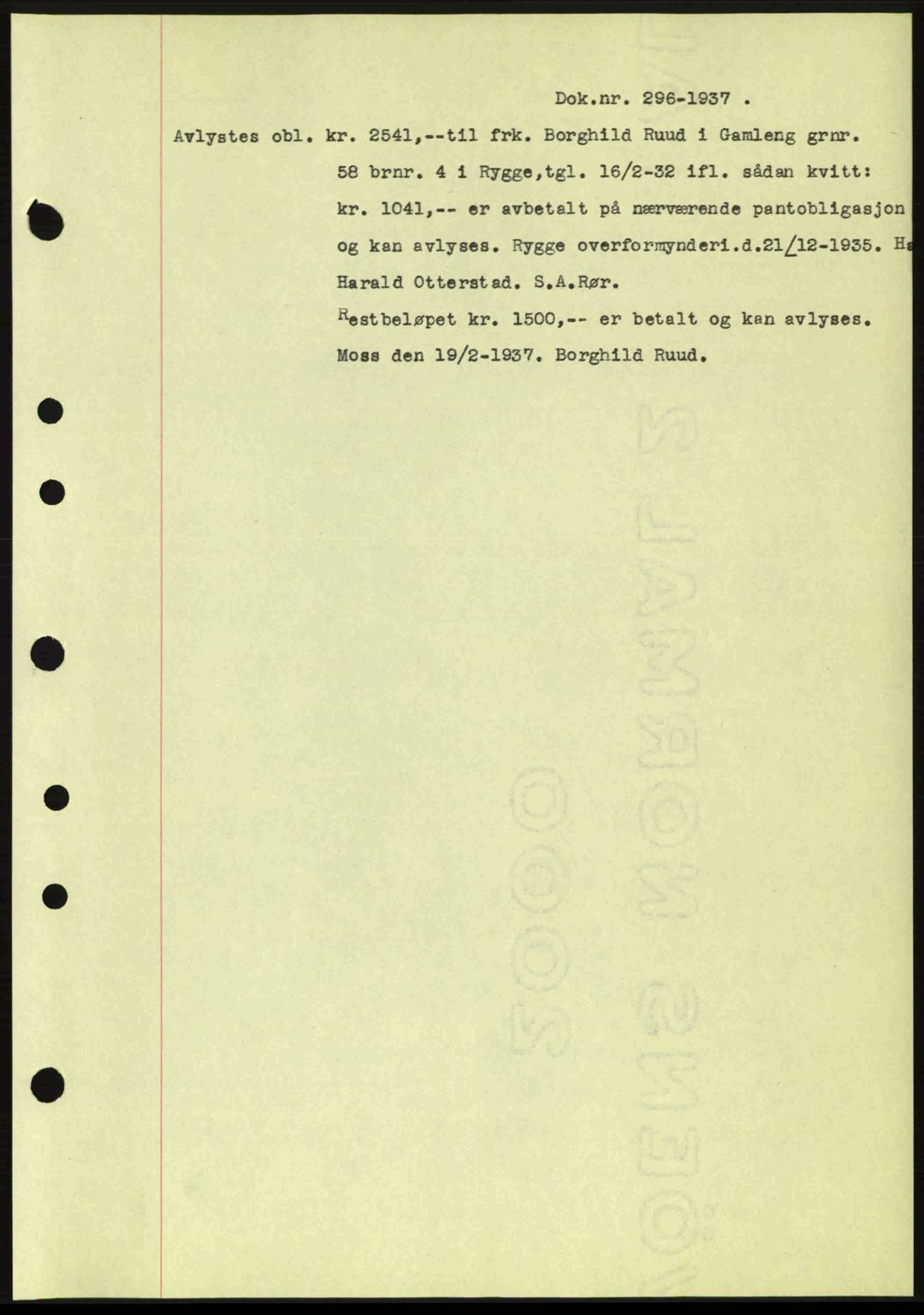 Moss sorenskriveri, SAO/A-10168: Pantebok nr. B3, 1937-1937, Dagboknr: 296/1937