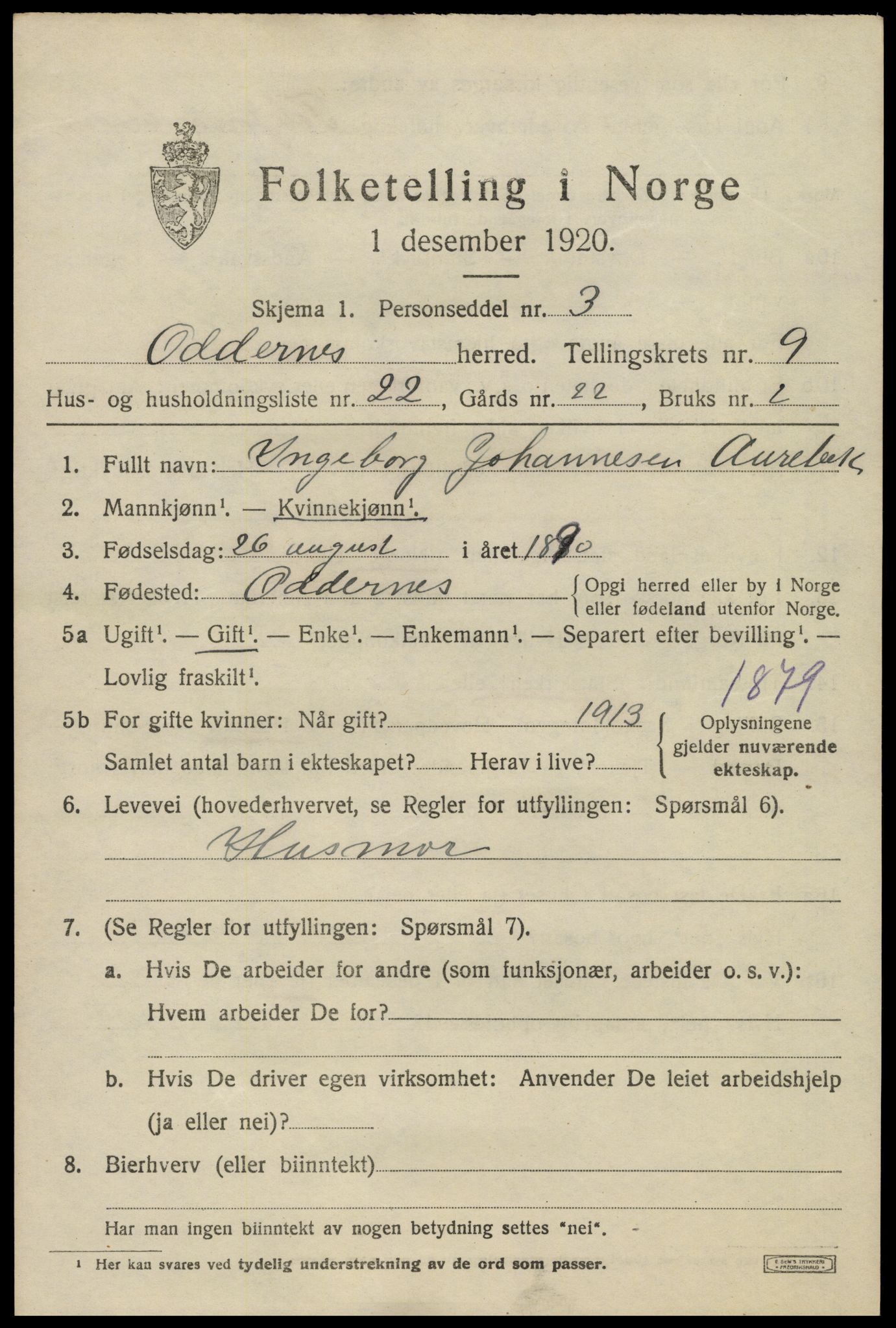 SAK, Folketelling 1920 for 1012 Oddernes herred, 1920, s. 6273