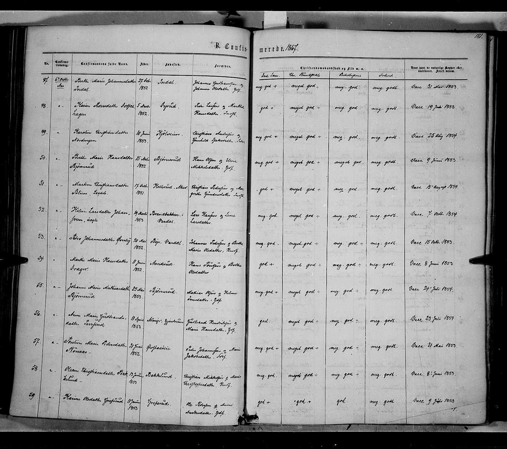 Vestre Toten prestekontor, SAH/PREST-108/H/Ha/Haa/L0007: Ministerialbok nr. 7, 1862-1869, s. 181