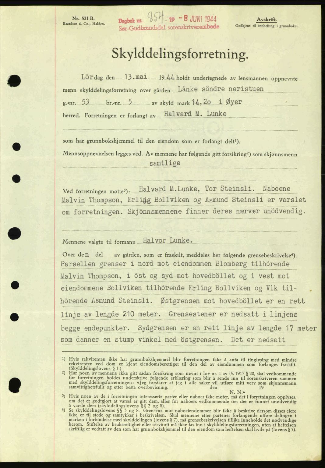 Sør-Gudbrandsdal tingrett, SAH/TING-004/H/Hb/Hbd/L0013: Pantebok nr. A13, 1944-1944, Dagboknr: 854/1944