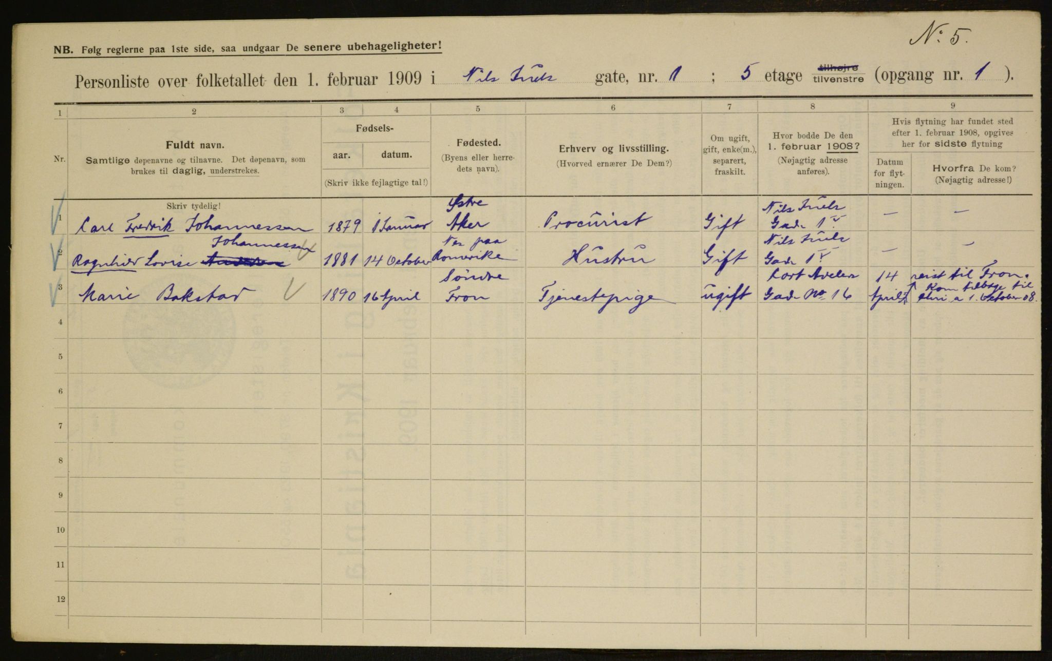 OBA, Kommunal folketelling 1.2.1909 for Kristiania kjøpstad, 1909, s. 63443