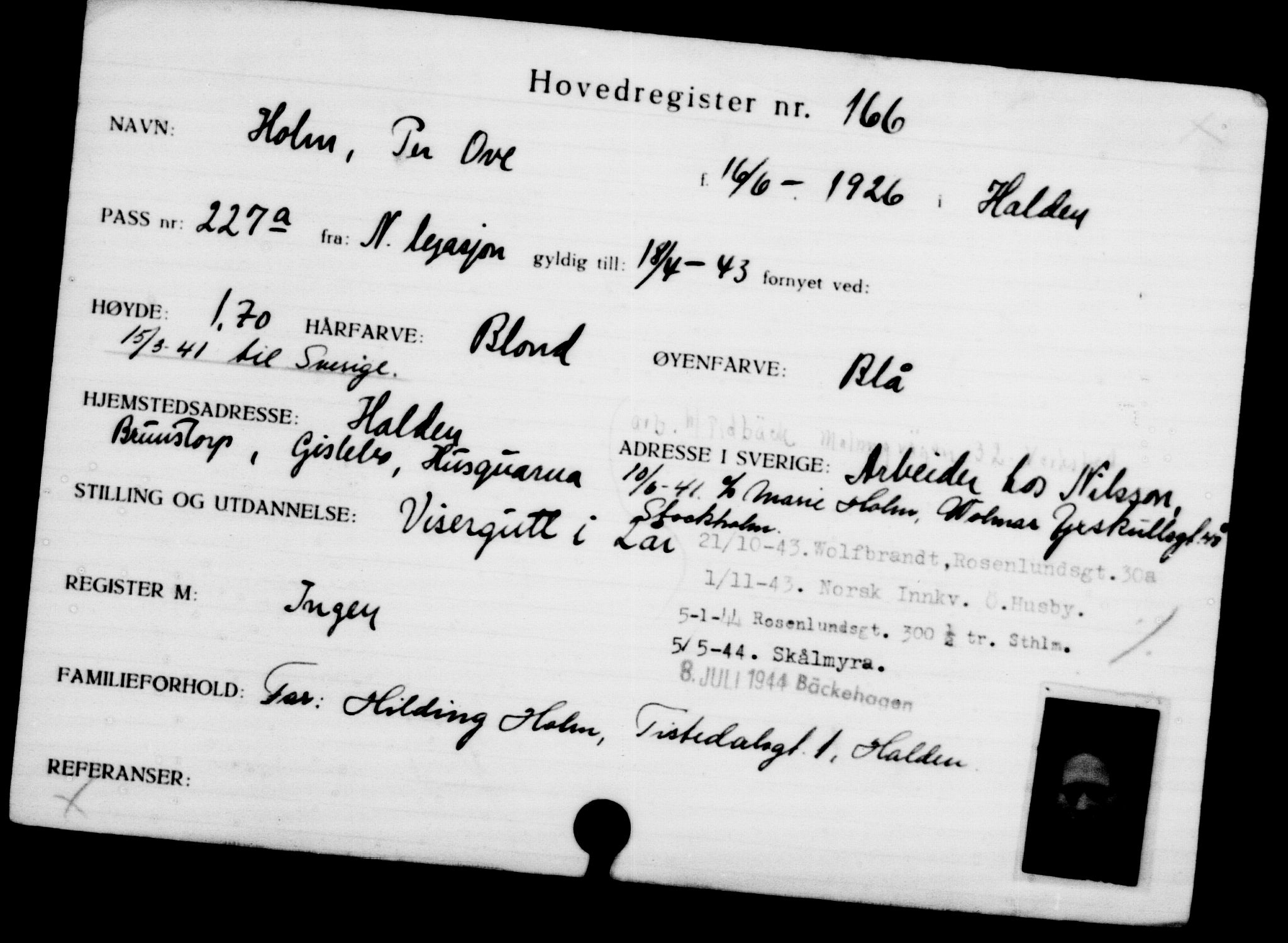 Utenriksstasjonene, Legasjonen i Stockholm, Flyktningkontoret, AV/RA-S-6753/V/Va/L0001: Kjesäterkartoteket, flyktninger med registreringsnr. 1-1000, 1940-1945, s. 269