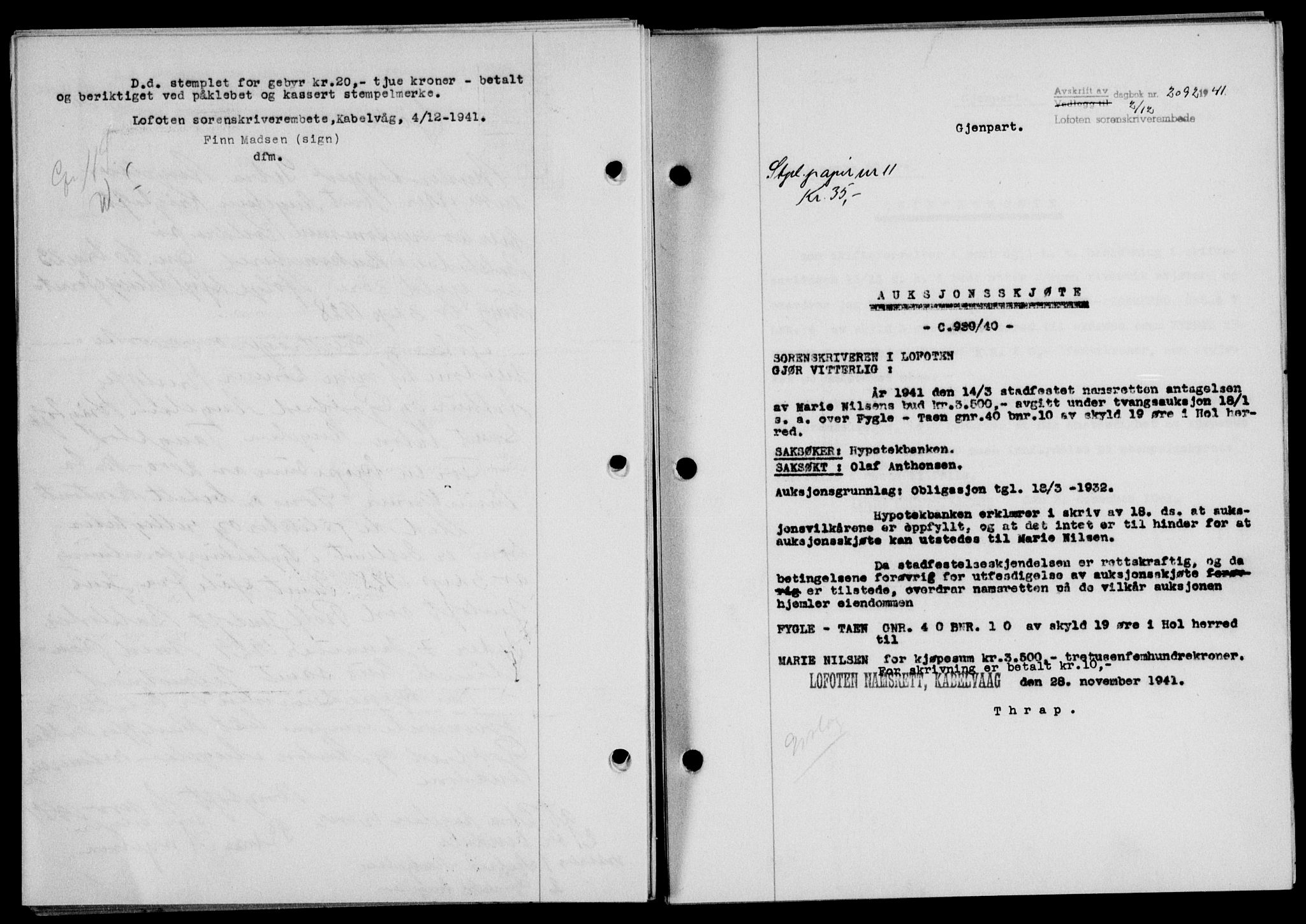 Lofoten sorenskriveri, SAT/A-0017/1/2/2C/L0009a: Pantebok nr. 9a, 1941-1942, Dagboknr: 2092/1941