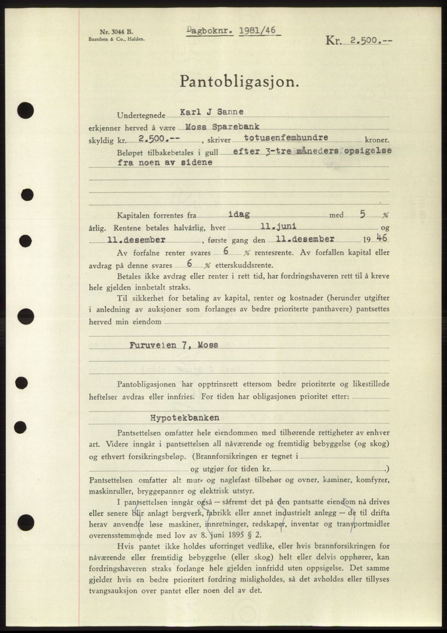 Moss sorenskriveri, SAO/A-10168: Pantebok nr. B15, 1946-1946, Dagboknr: 1981/1946