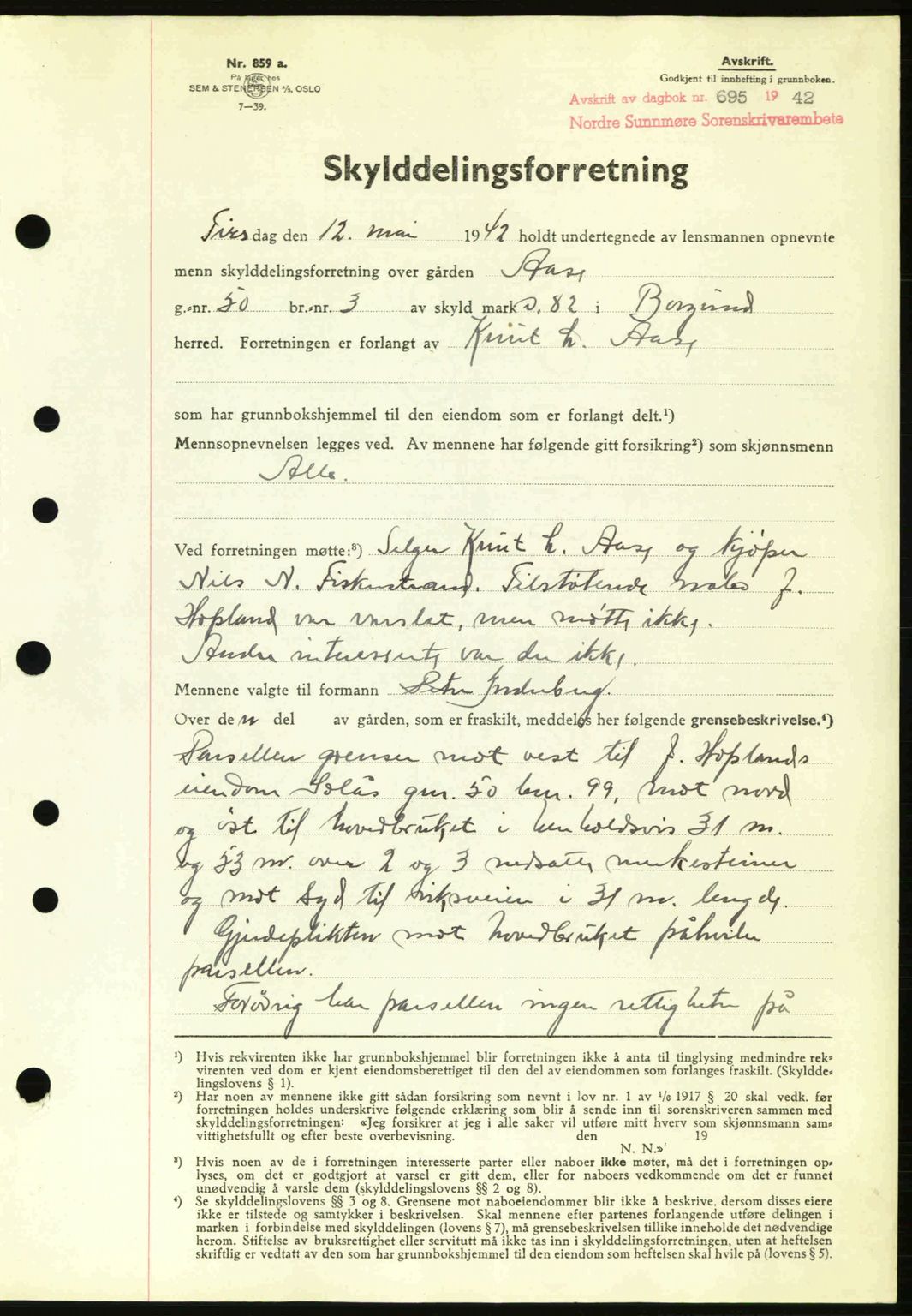 Nordre Sunnmøre sorenskriveri, AV/SAT-A-0006/1/2/2C/2Ca: Pantebok nr. A13, 1942-1942, Dagboknr: 695/1942