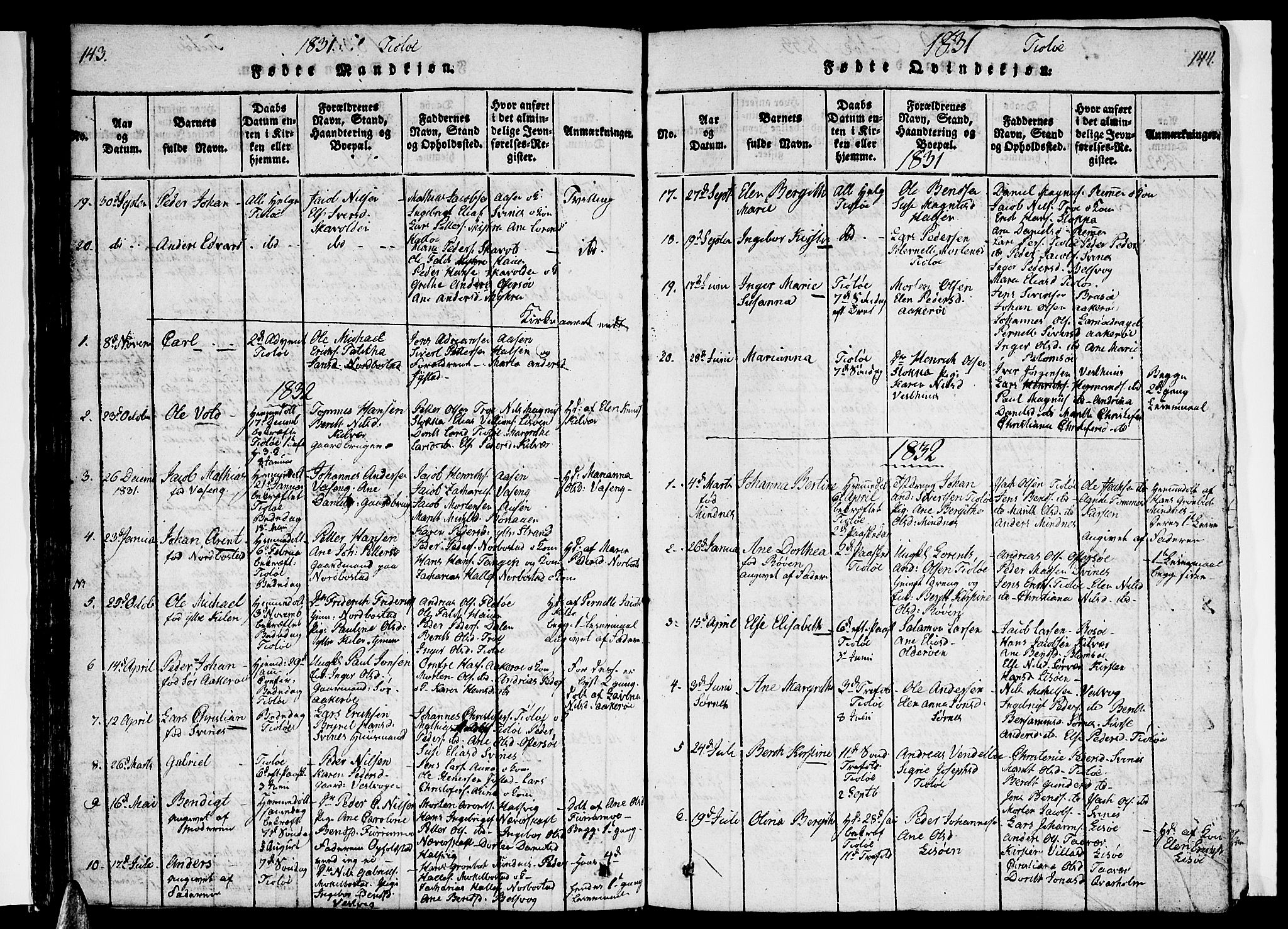 Ministerialprotokoller, klokkerbøker og fødselsregistre - Nordland, SAT/A-1459/830/L0458: Klokkerbok nr. 830C01 /2, 1829-1840, s. 143-144