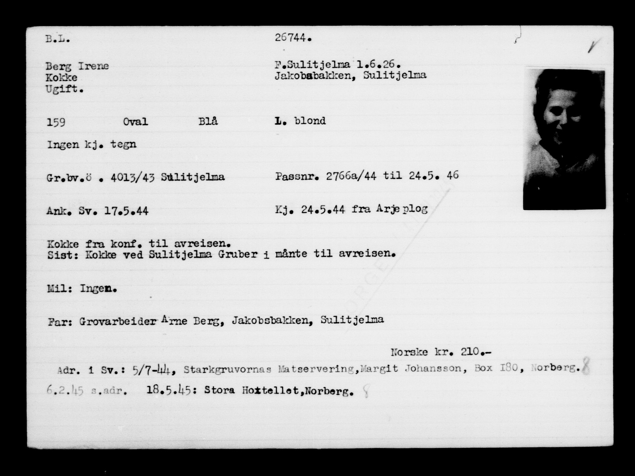Utenriksstasjonene, Legasjonen i Stockholm, Flyktningkontoret, AV/RA-S-6753/V/Va/L0011: Kjesäterkartoteket, flyktninger med registreringsnr. 25300-28349, 1940-1945, s. 1519
