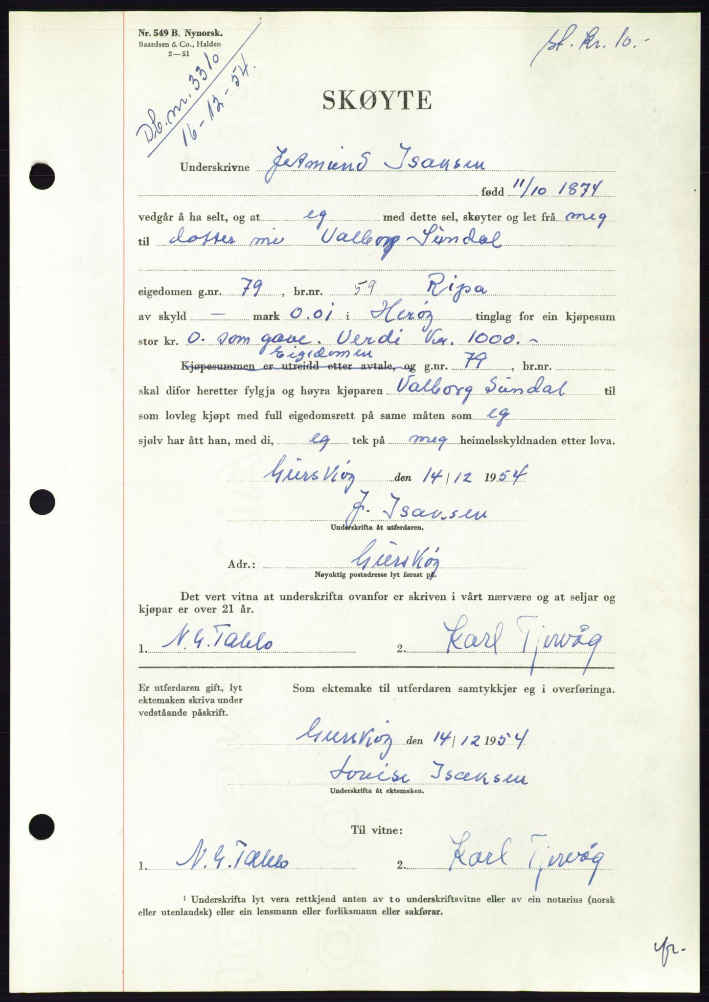 Søre Sunnmøre sorenskriveri, AV/SAT-A-4122/1/2/2C/L0099: Pantebok nr. 25A, 1954-1954, Dagboknr: 3310/1954