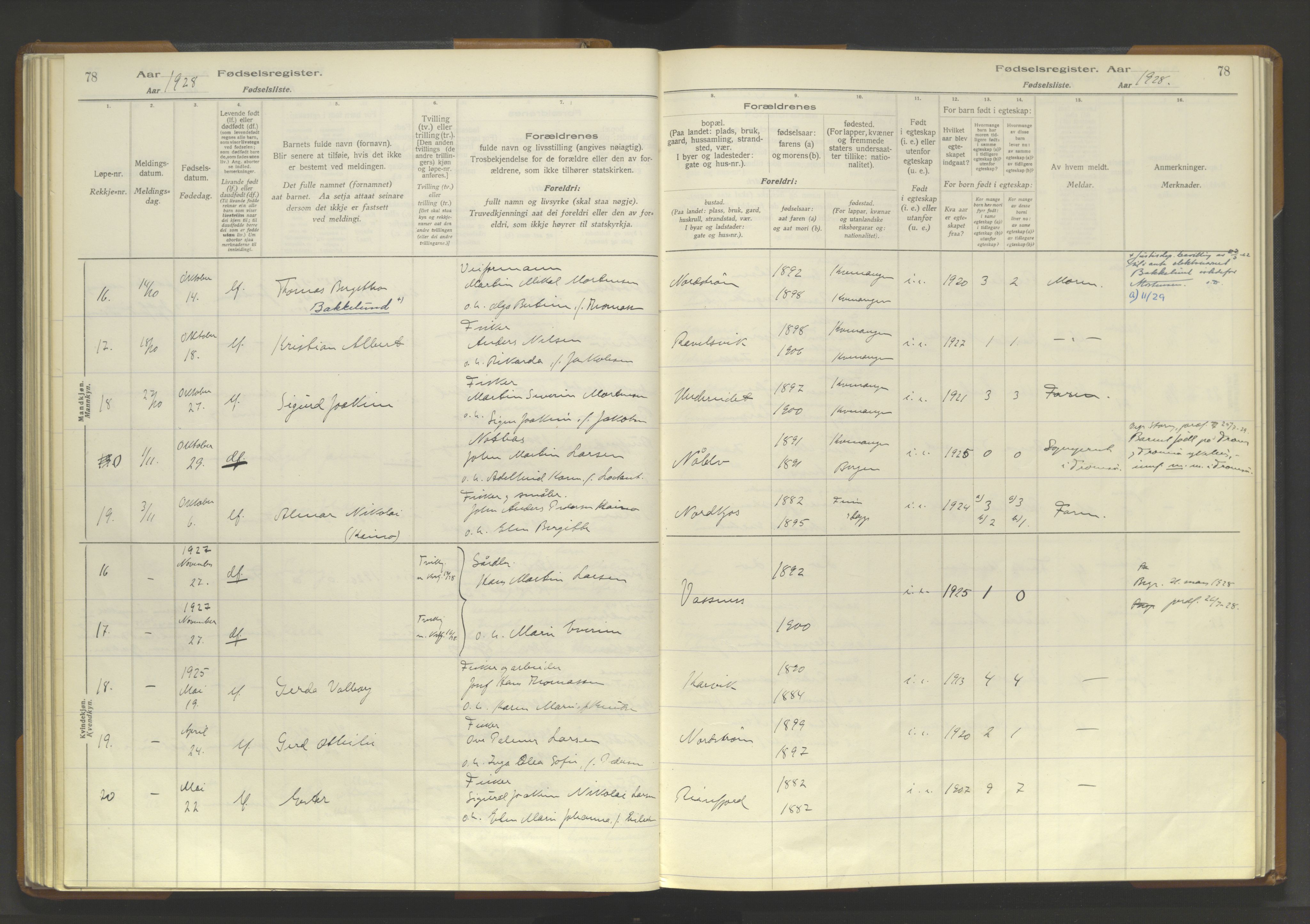 Skjervøy sokneprestkontor, AV/SATØ-S-1300/I/Ia/L0062: Fødselsregister nr. 62, 1916-1950, s. 78