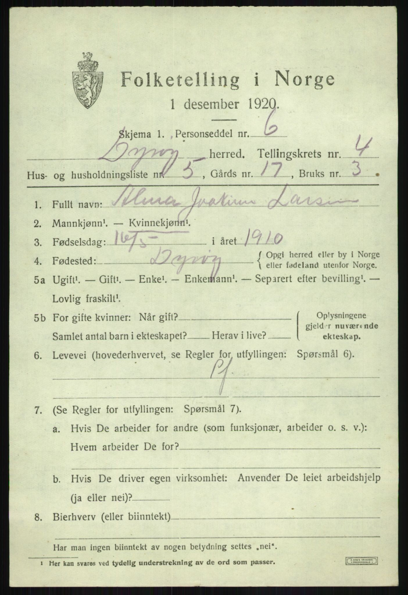 SATØ, Folketelling 1920 for 1926 Dyrøy herred, 1920, s. 2251