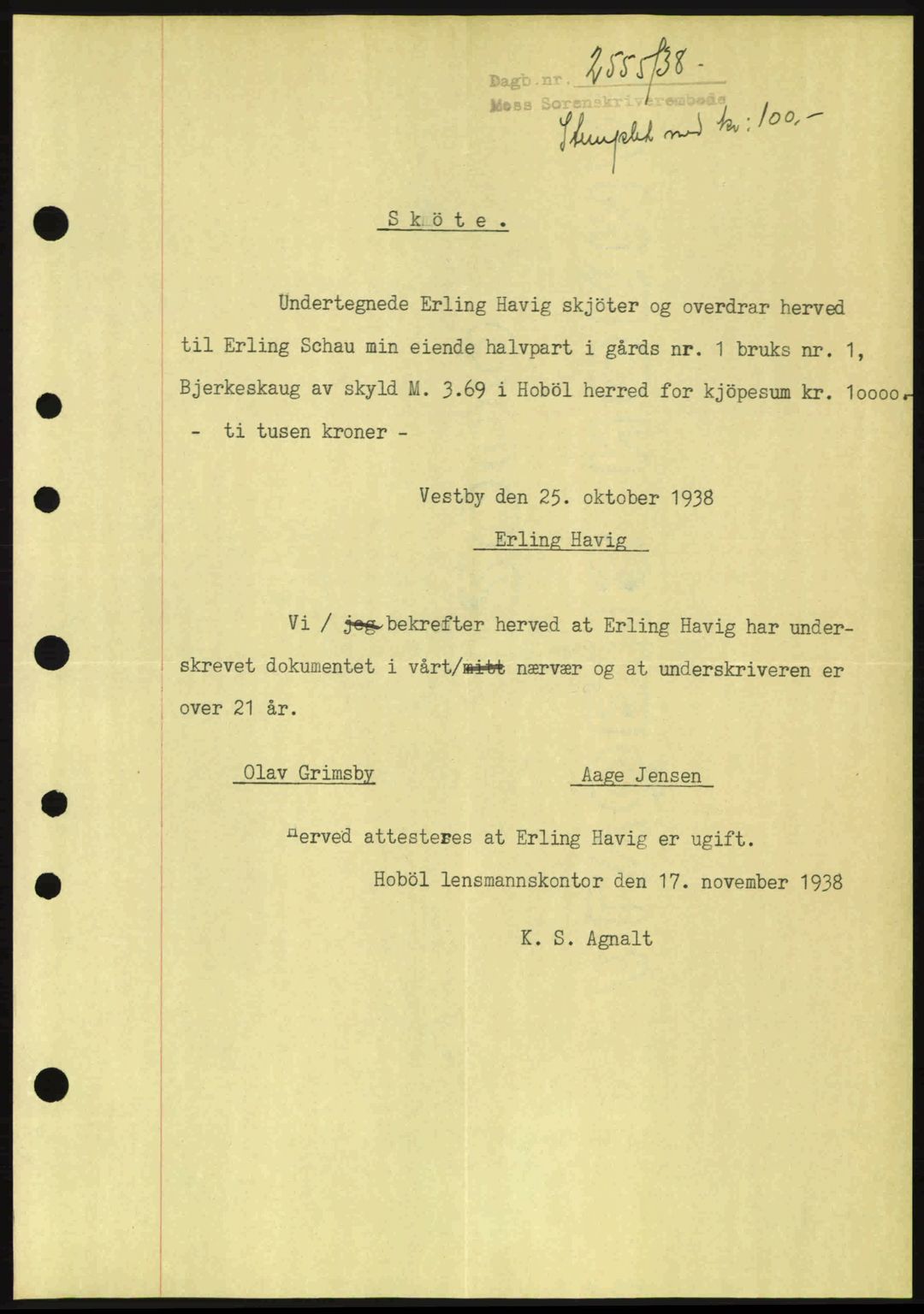Moss sorenskriveri, SAO/A-10168: Pantebok nr. A5, 1938-1939, Dagboknr: 2555/1938