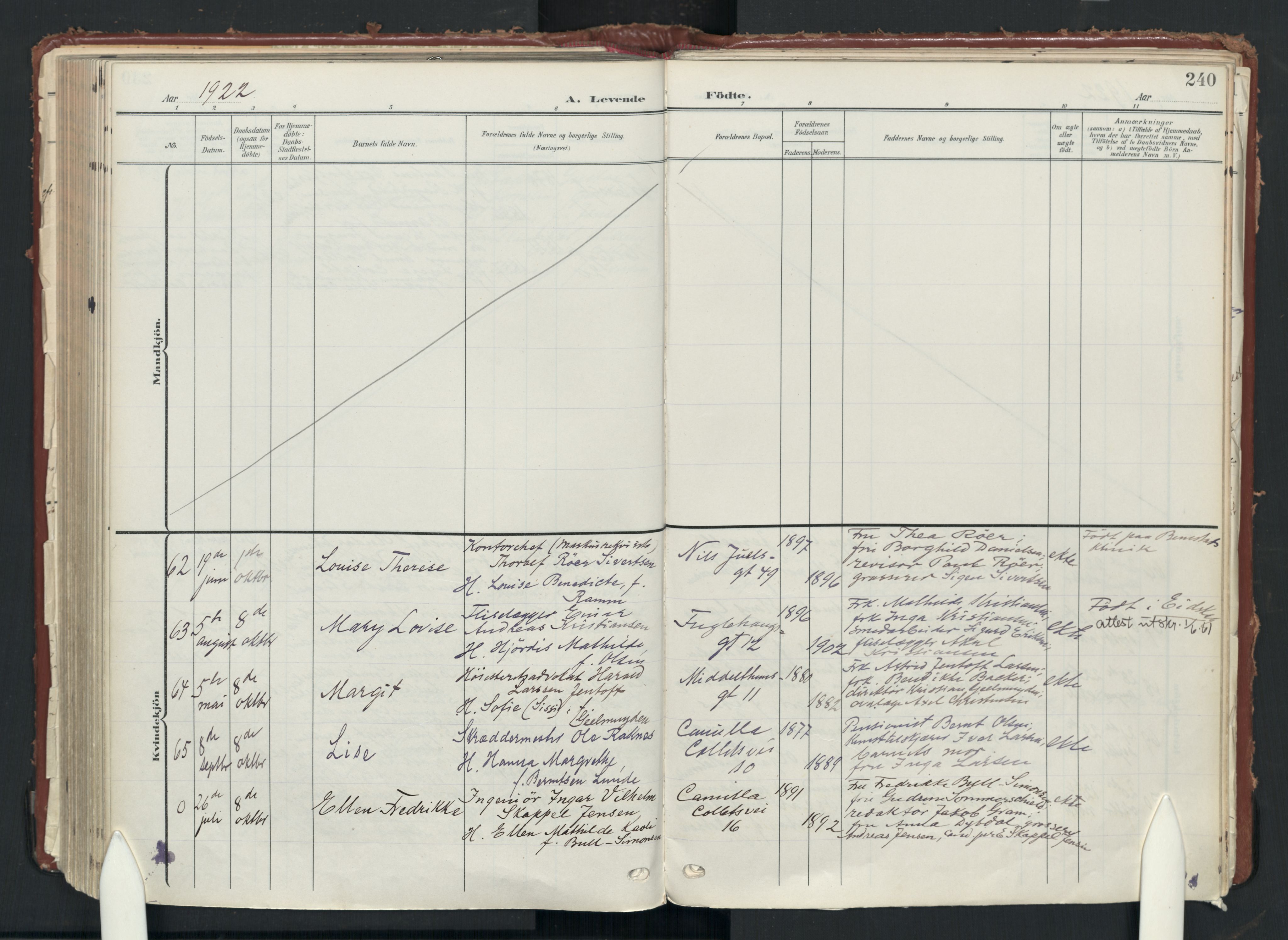 Uranienborg prestekontor Kirkebøker, AV/SAO-A-10877/F/Fa/L0010: Ministerialbok nr. I 10, 1907-1928, s. 240