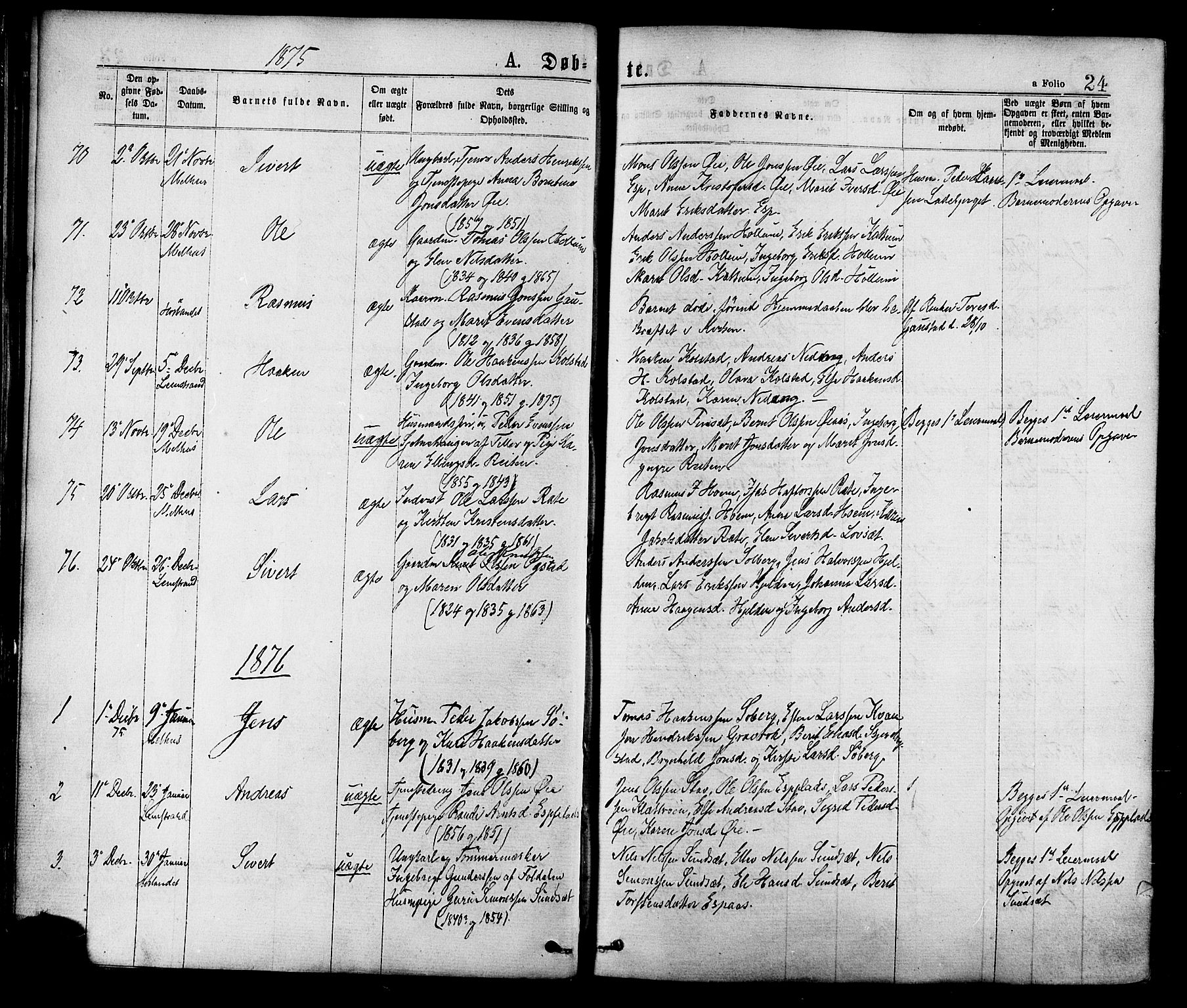 Ministerialprotokoller, klokkerbøker og fødselsregistre - Sør-Trøndelag, SAT/A-1456/691/L1079: Ministerialbok nr. 691A11, 1873-1886, s. 24