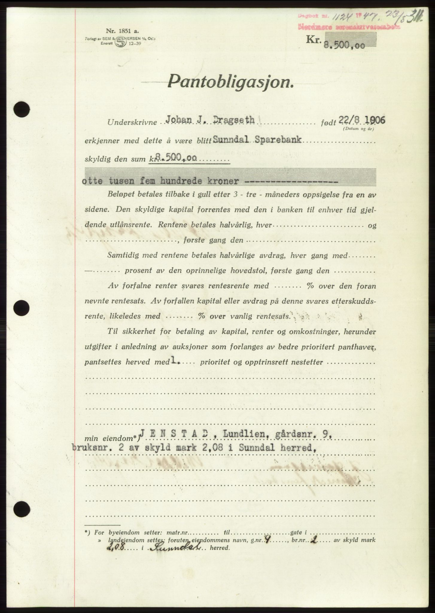 Nordmøre sorenskriveri, AV/SAT-A-4132/1/2/2Ca: Pantebok nr. B96, 1947-1947, Dagboknr: 1124/1947