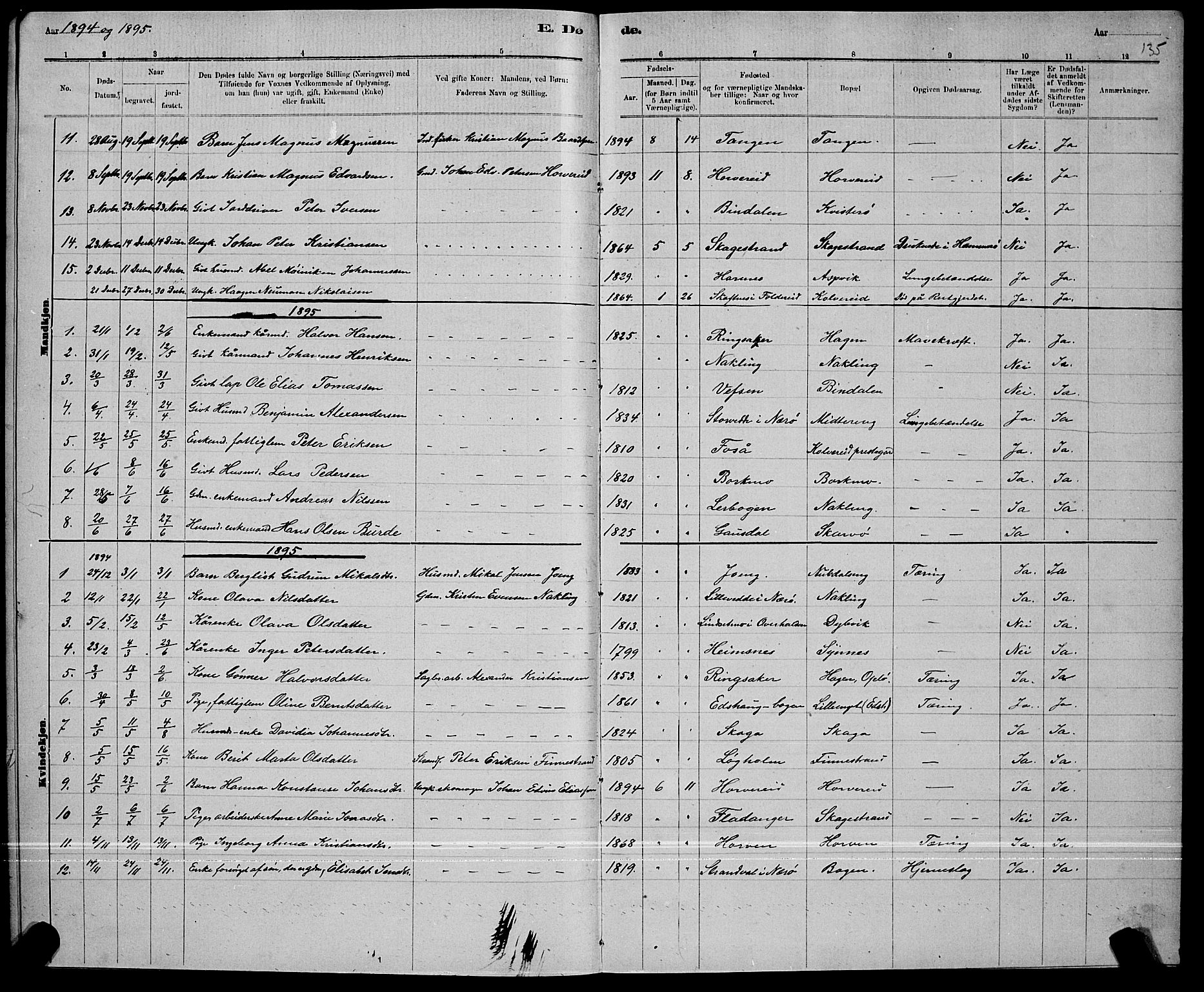 Ministerialprotokoller, klokkerbøker og fødselsregistre - Nord-Trøndelag, SAT/A-1458/780/L0651: Klokkerbok nr. 780C03, 1884-1898, s. 135