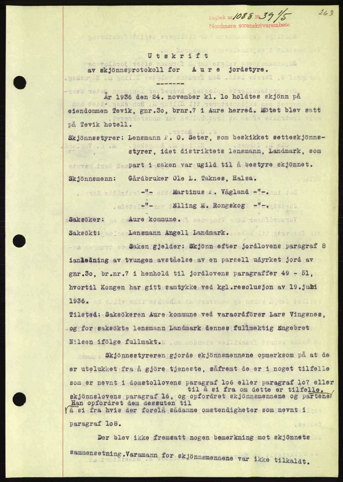 Nordmøre sorenskriveri, SAT/A-4132/1/2/2Ca: Pantebok nr. A86, 1939-1939, Dagboknr: 1088/1939