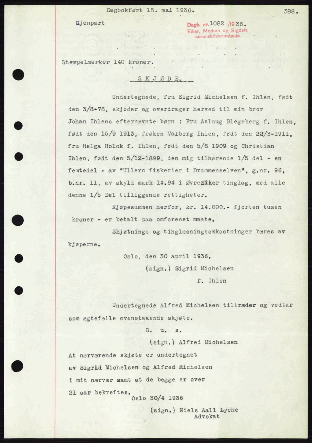 Eiker, Modum og Sigdal sorenskriveri, SAKO/A-123/G/Ga/Gab/L0032: Pantebok nr. A2, 1936-1936, Dagboknr: 1082/1936