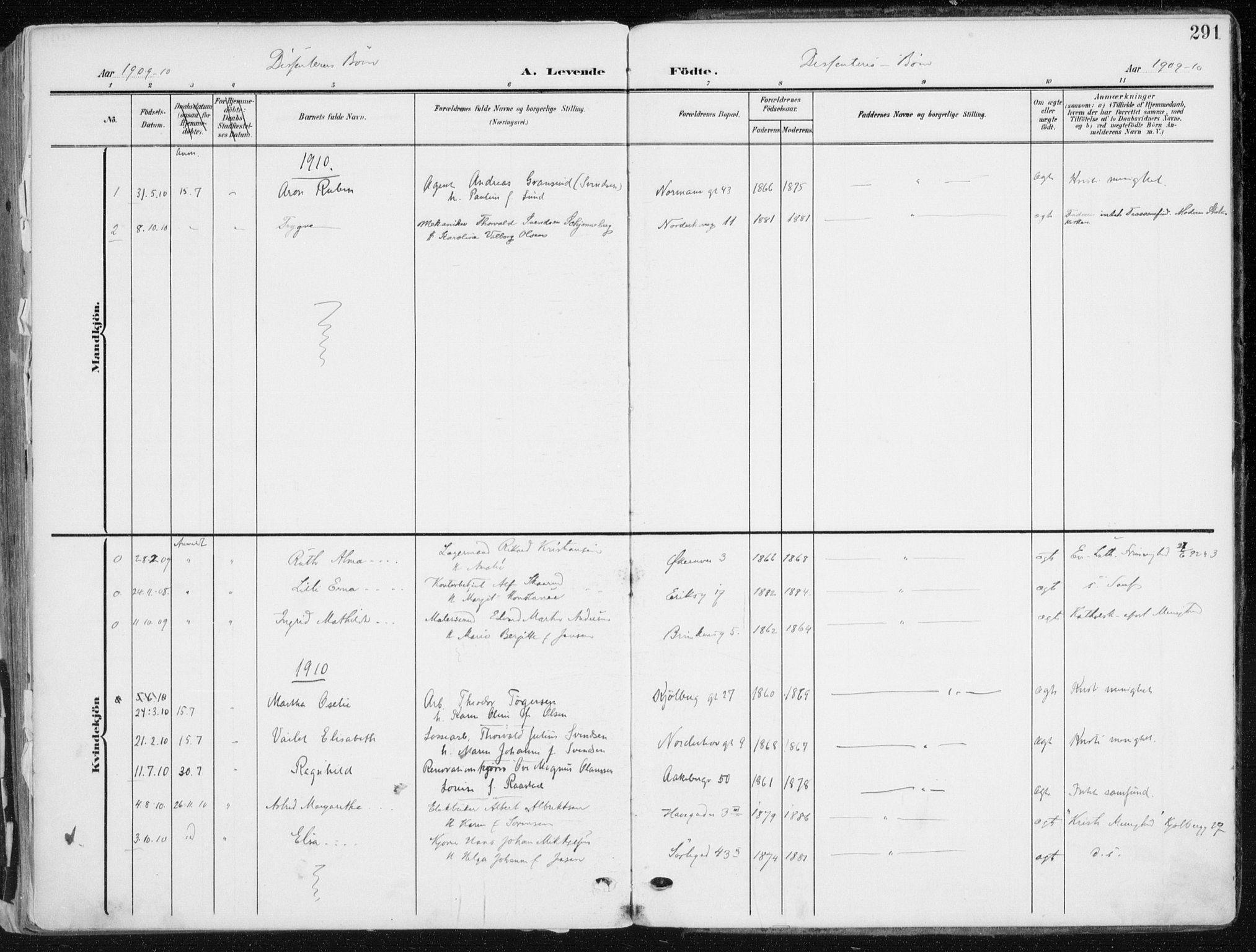 Kampen prestekontor Kirkebøker, AV/SAO-A-10853/F/Fa/L0010: Ministerialbok nr. I 10, 1905-1917, s. 291