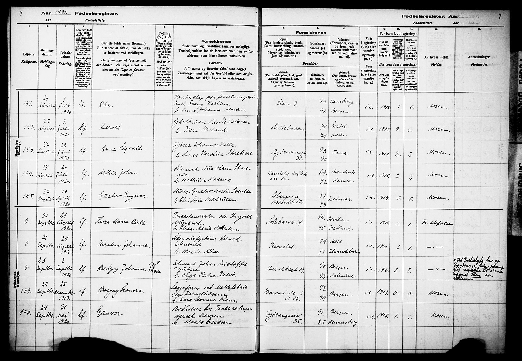 Årstad Sokneprestembete, AV/SAB-A-79301/I/Id/L0A02: Fødselsregister nr. A 2, 1920-1924, s. 7