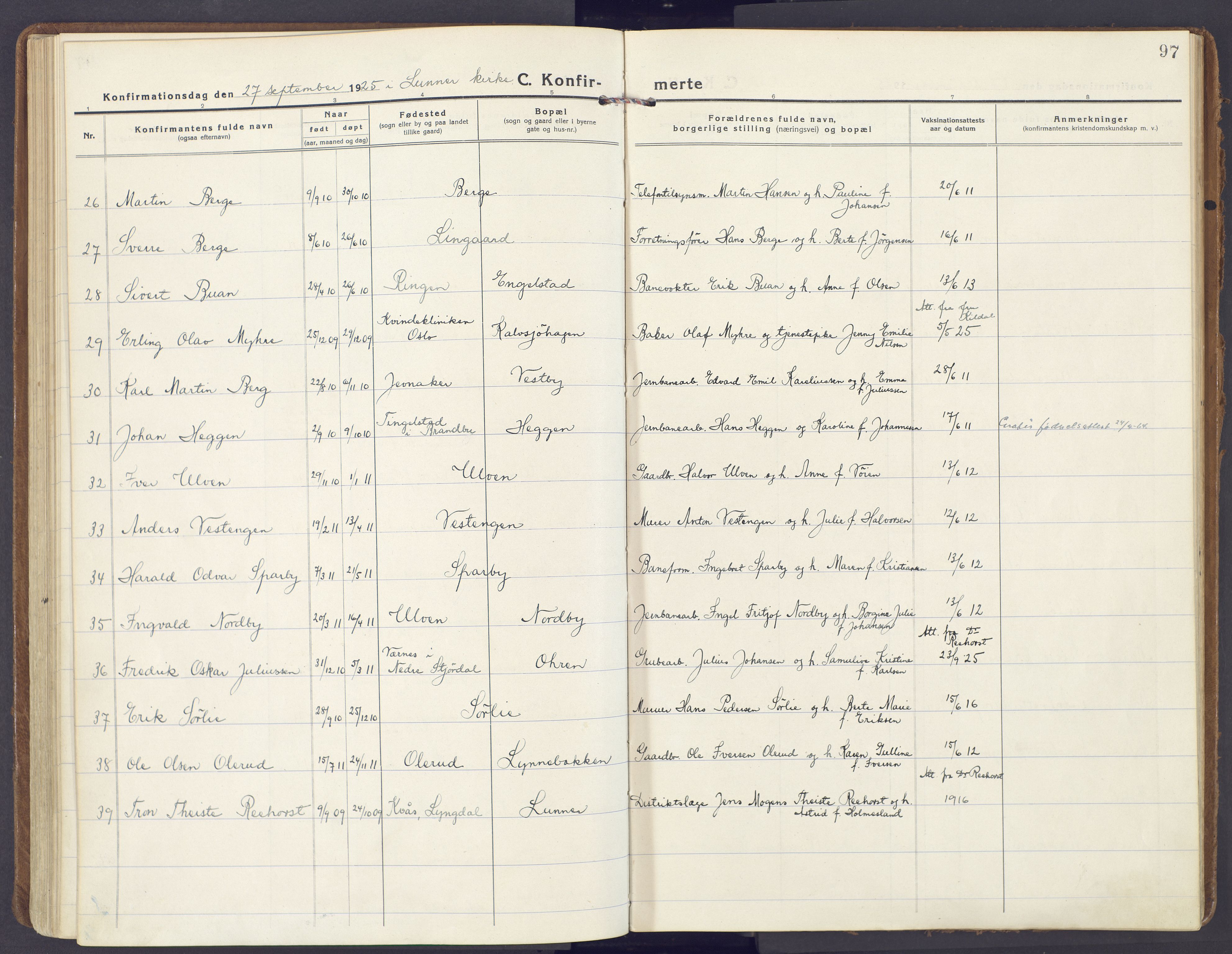 Lunner prestekontor, AV/SAH-PREST-118/H/Ha/Haa/L0002: Ministerialbok nr. 2, 1922-1931, s. 97