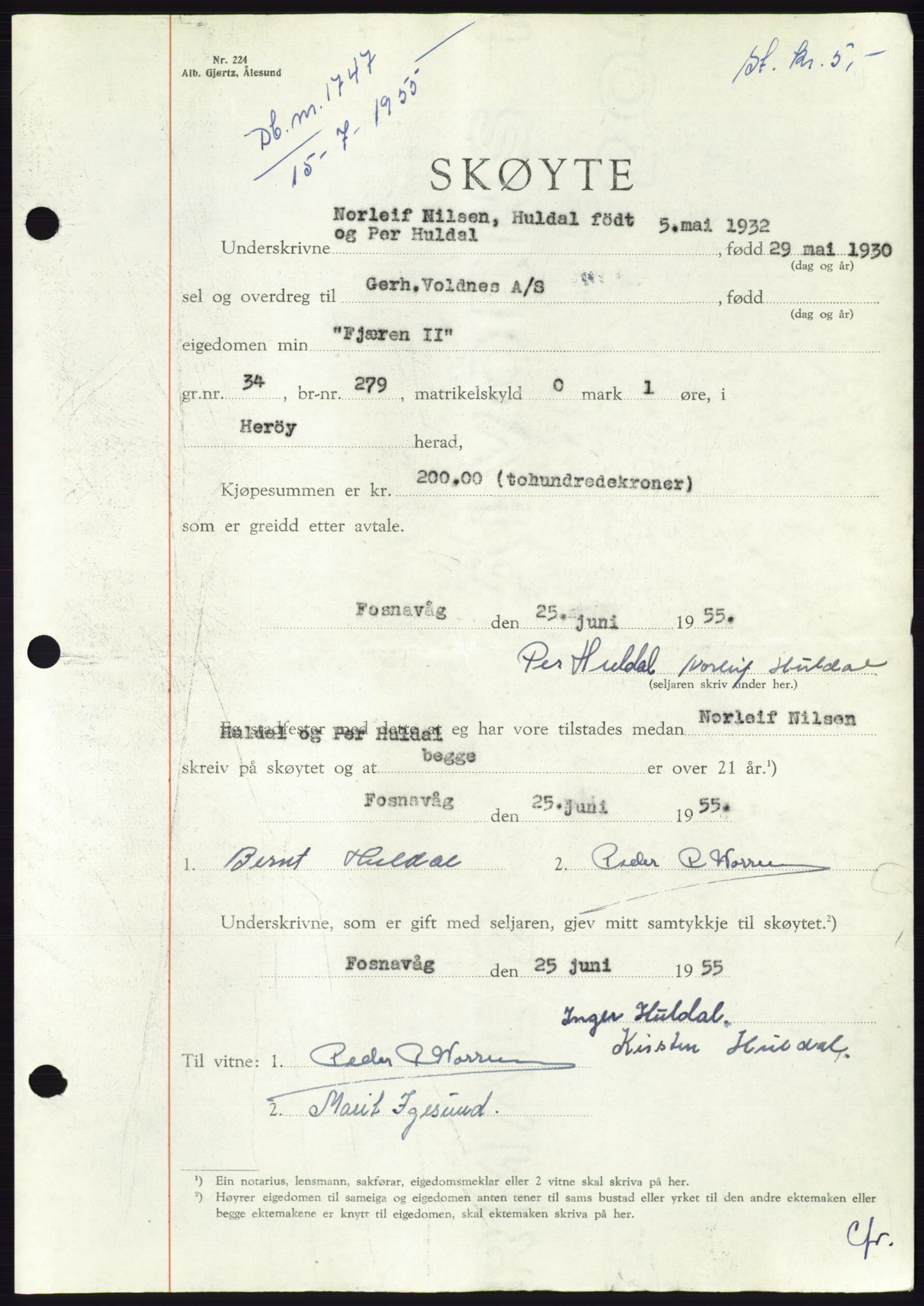 Søre Sunnmøre sorenskriveri, AV/SAT-A-4122/1/2/2C/L0101: Pantebok nr. 27A, 1955-1955, Dagboknr: 1747/1955