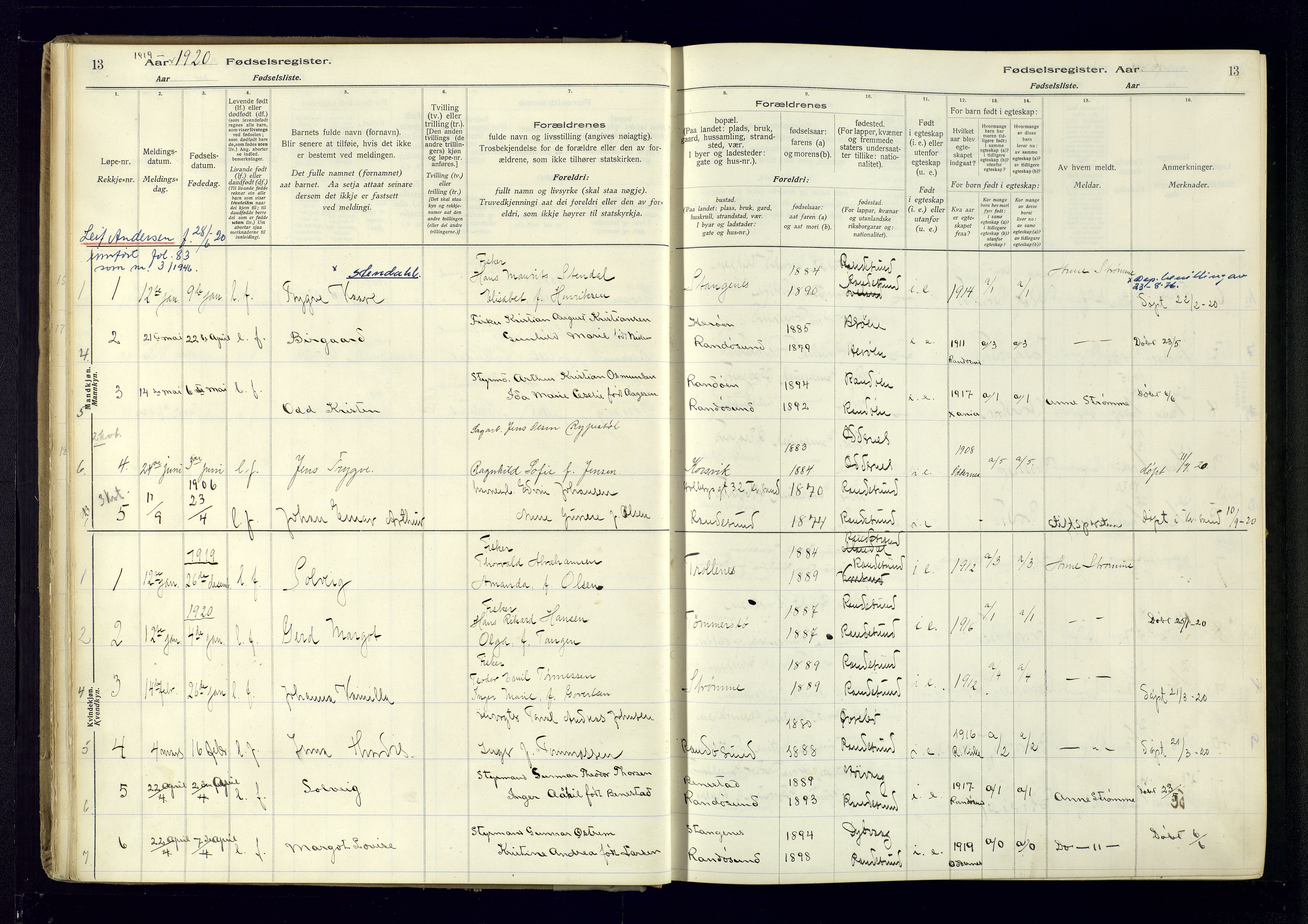 Oddernes sokneprestkontor, AV/SAK-1111-0033/J/Ja/L0007: Fødselsregister nr. 7, 1916-1971, s. 13