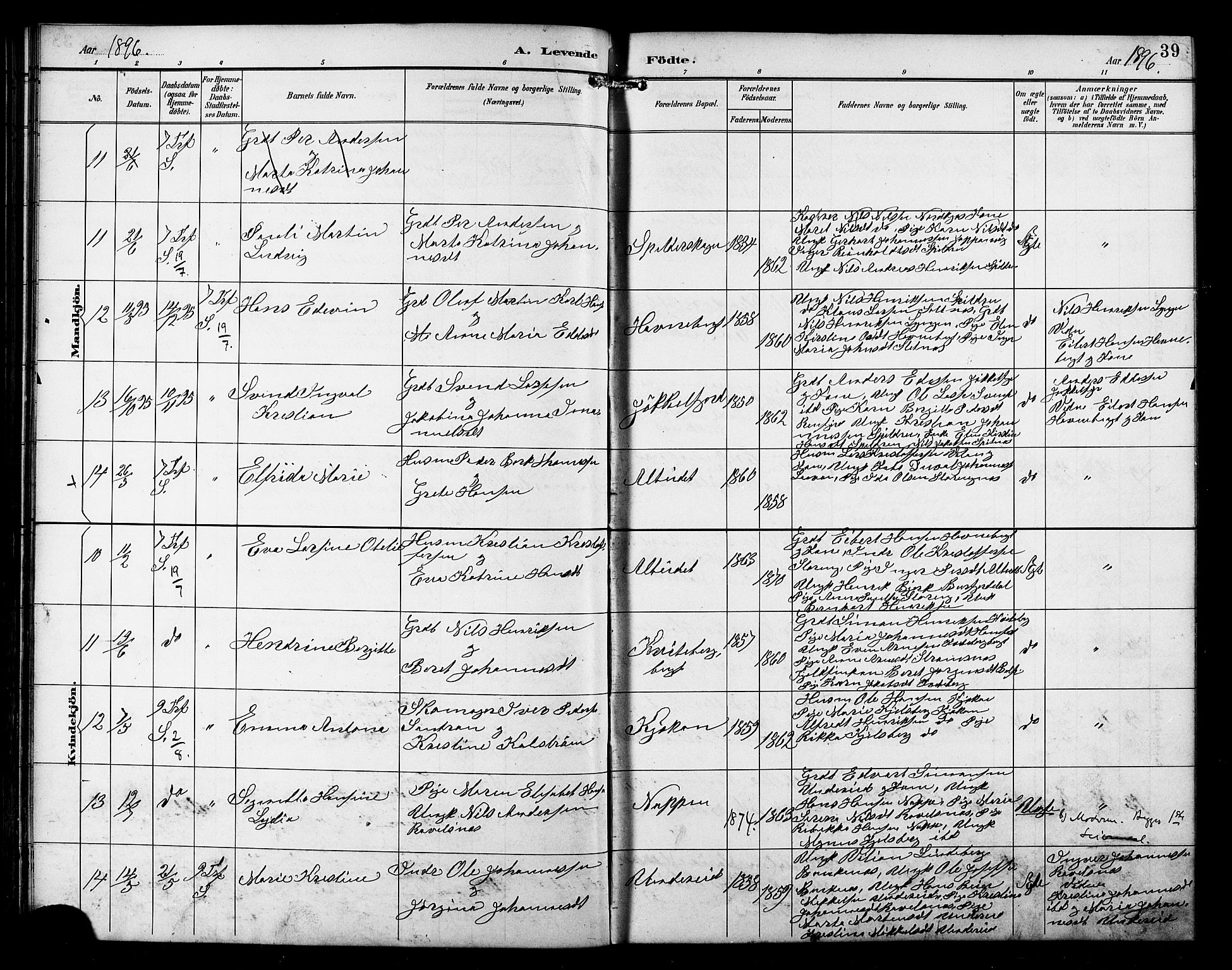 Skjervøy sokneprestkontor, AV/SATØ-S-1300/H/Ha/Hab/L0016klokker: Klokkerbok nr. 16, 1891-1907, s. 39