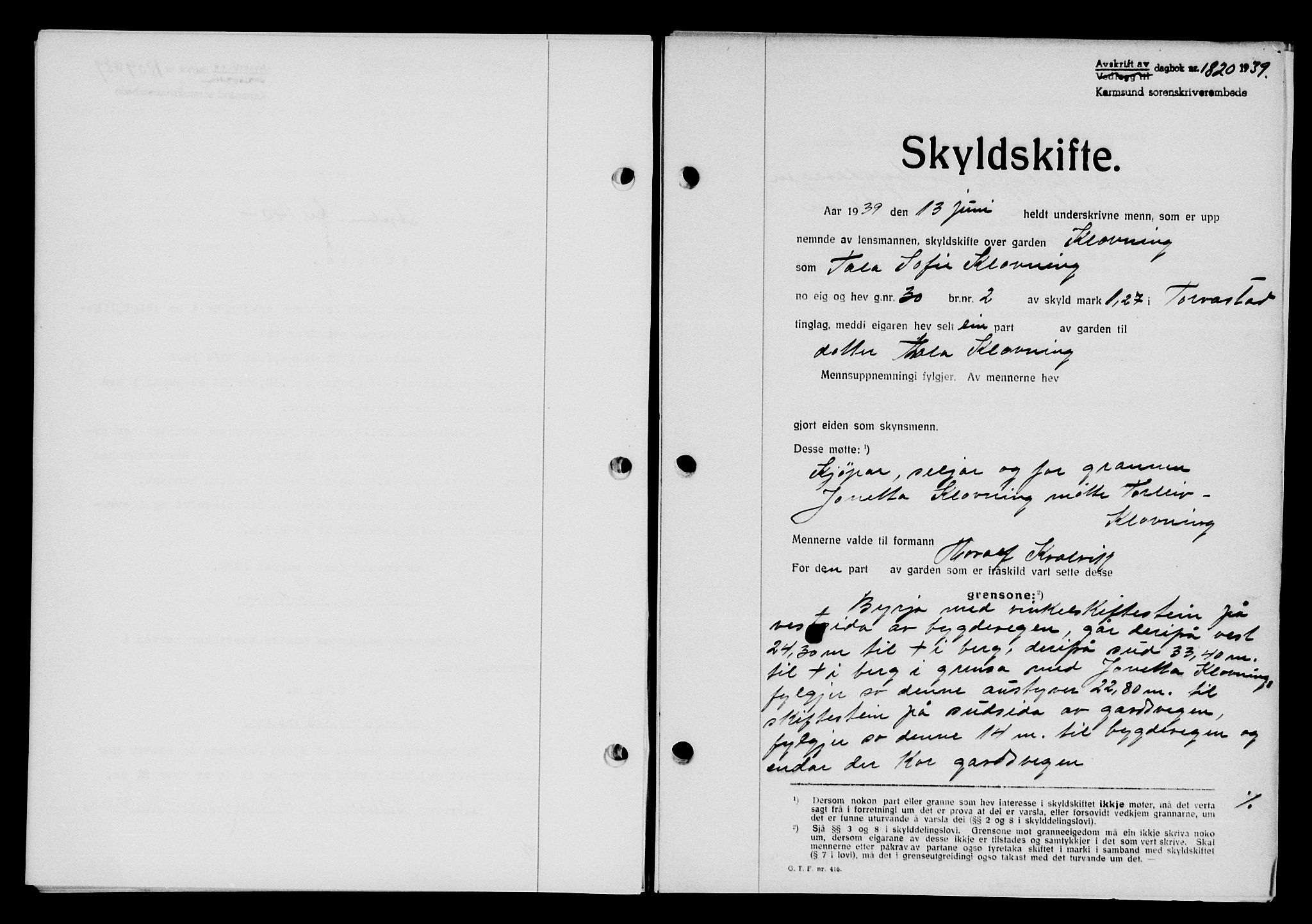 Karmsund sorenskriveri, SAST/A-100311/01/II/IIB/L0072: Pantebok nr. 53A, 1939-1940, Dagboknr: 1820/1939