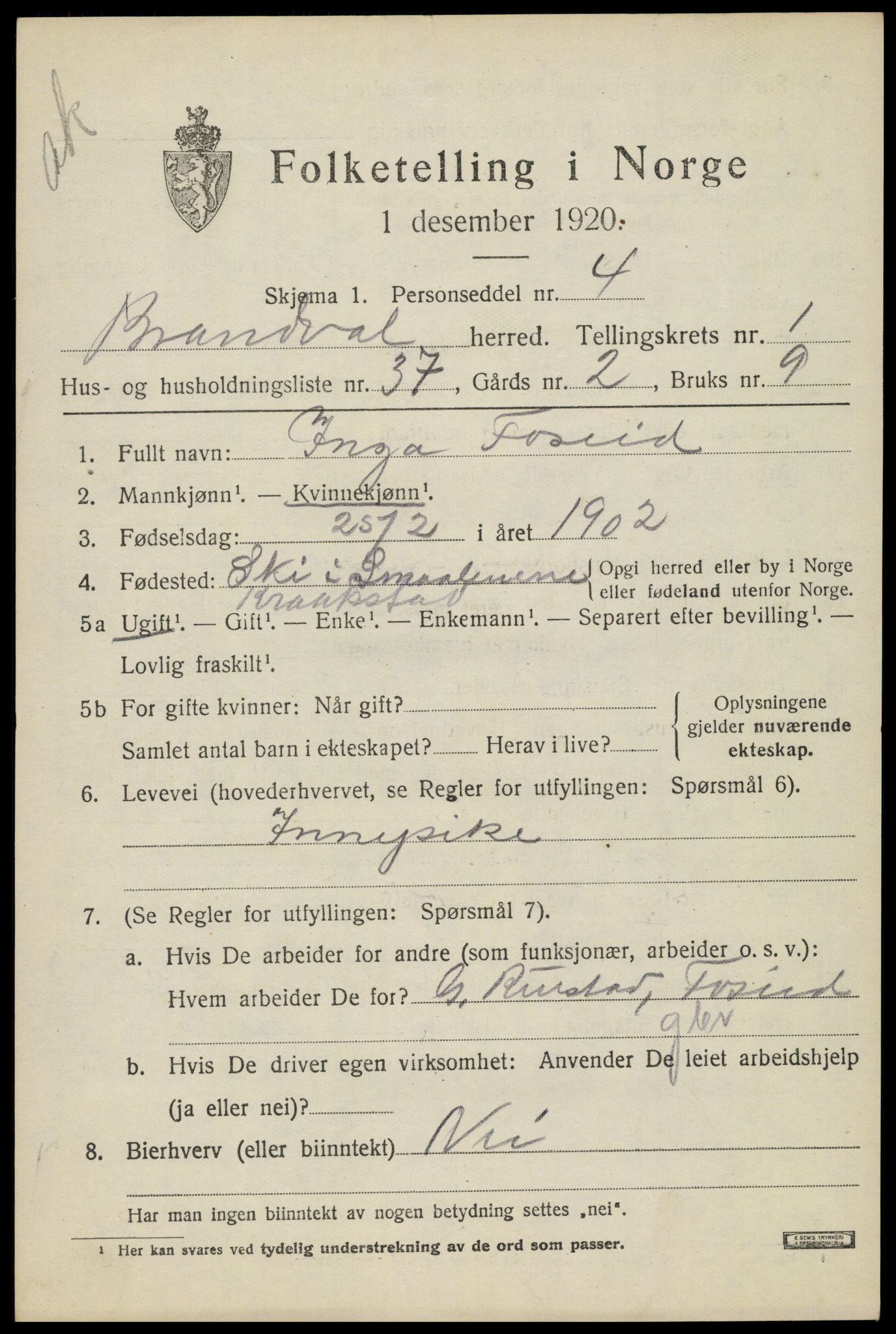 SAH, Folketelling 1920 for 0422 Brandval herred, 1920, s. 2000