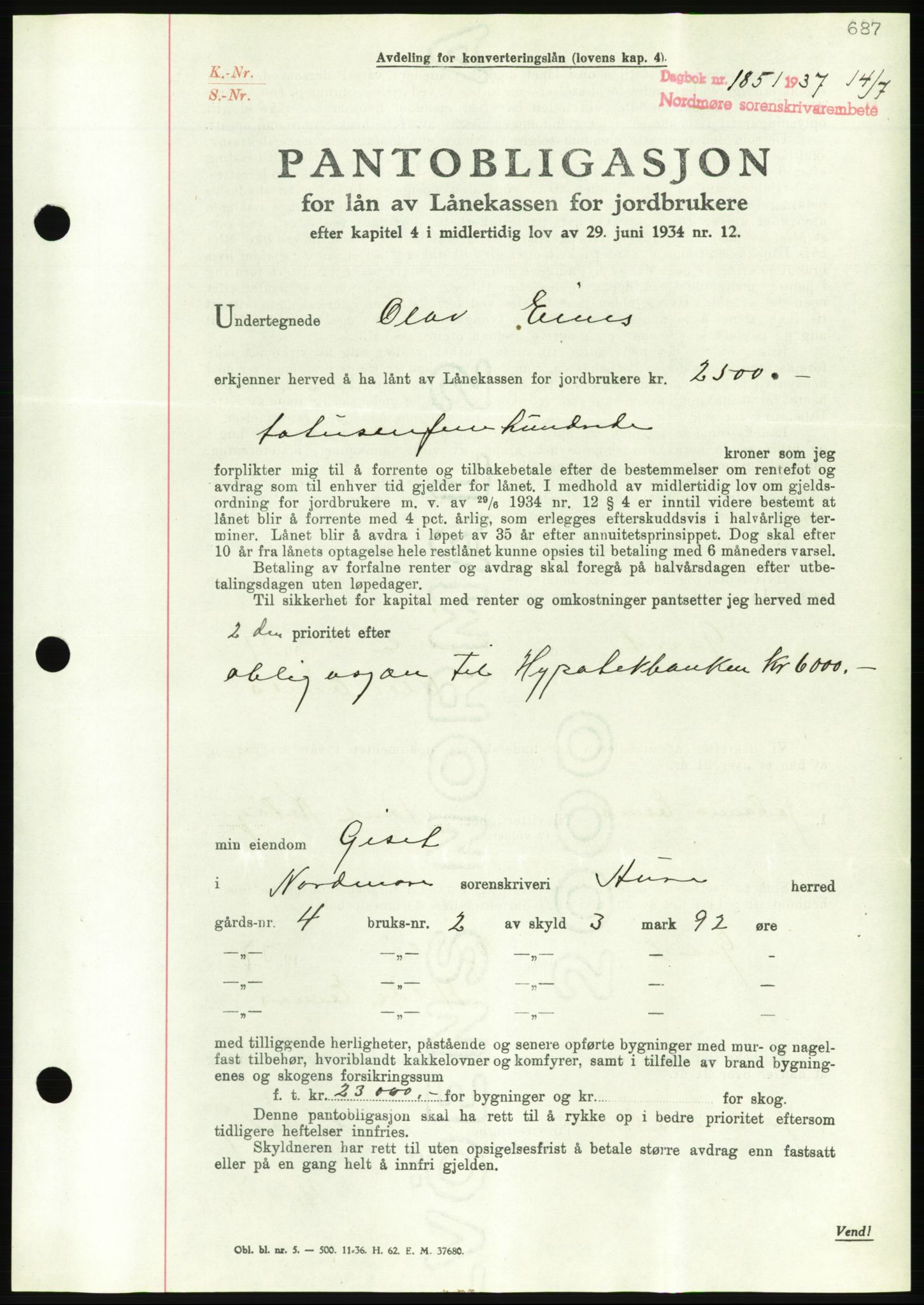 Nordmøre sorenskriveri, AV/SAT-A-4132/1/2/2Ca/L0091: Pantebok nr. B81, 1937-1937, Dagboknr: 1851/1937