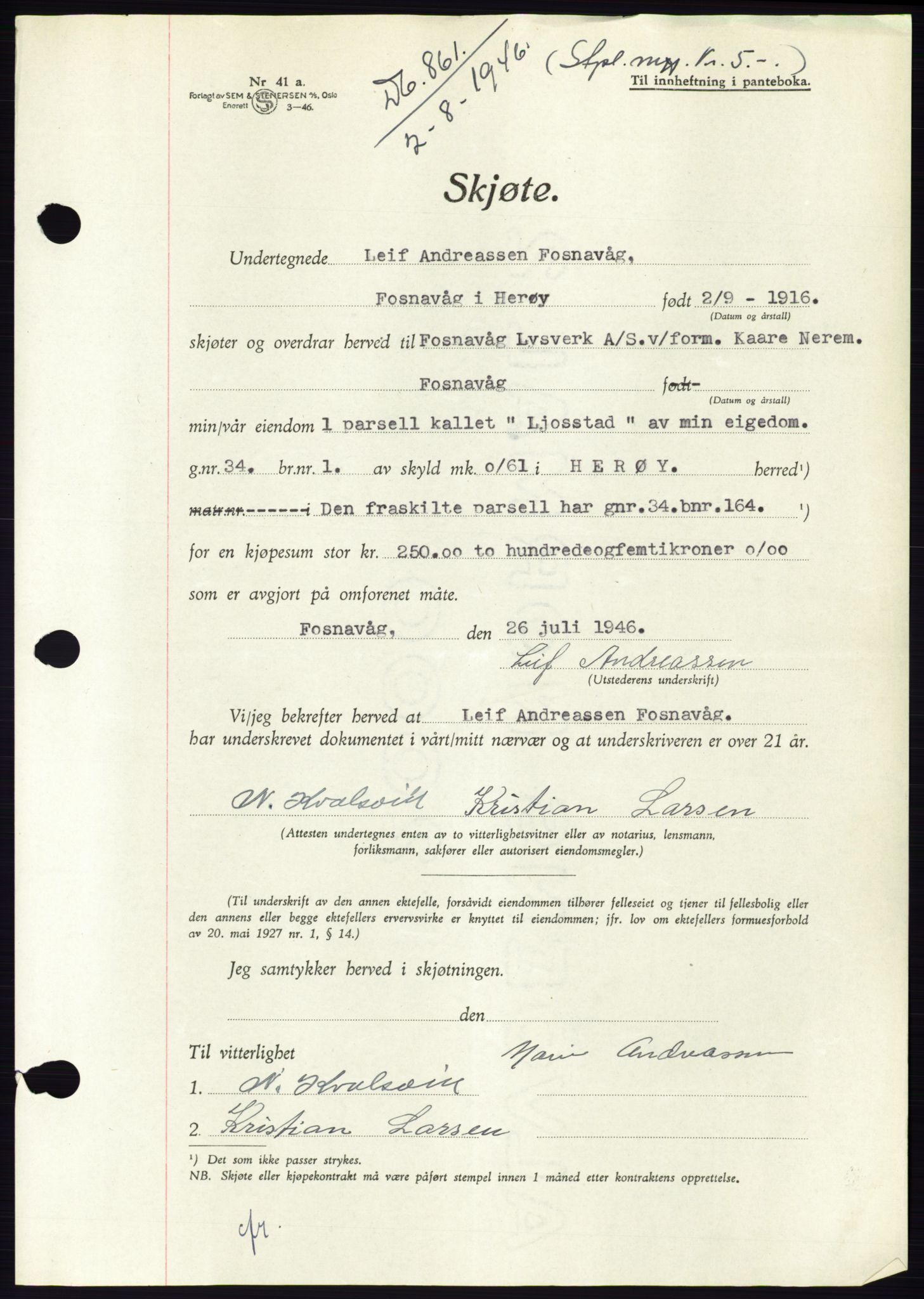 Søre Sunnmøre sorenskriveri, AV/SAT-A-4122/1/2/2C/L0078: Pantebok nr. 4A, 1946-1946, Dagboknr: 861/1946