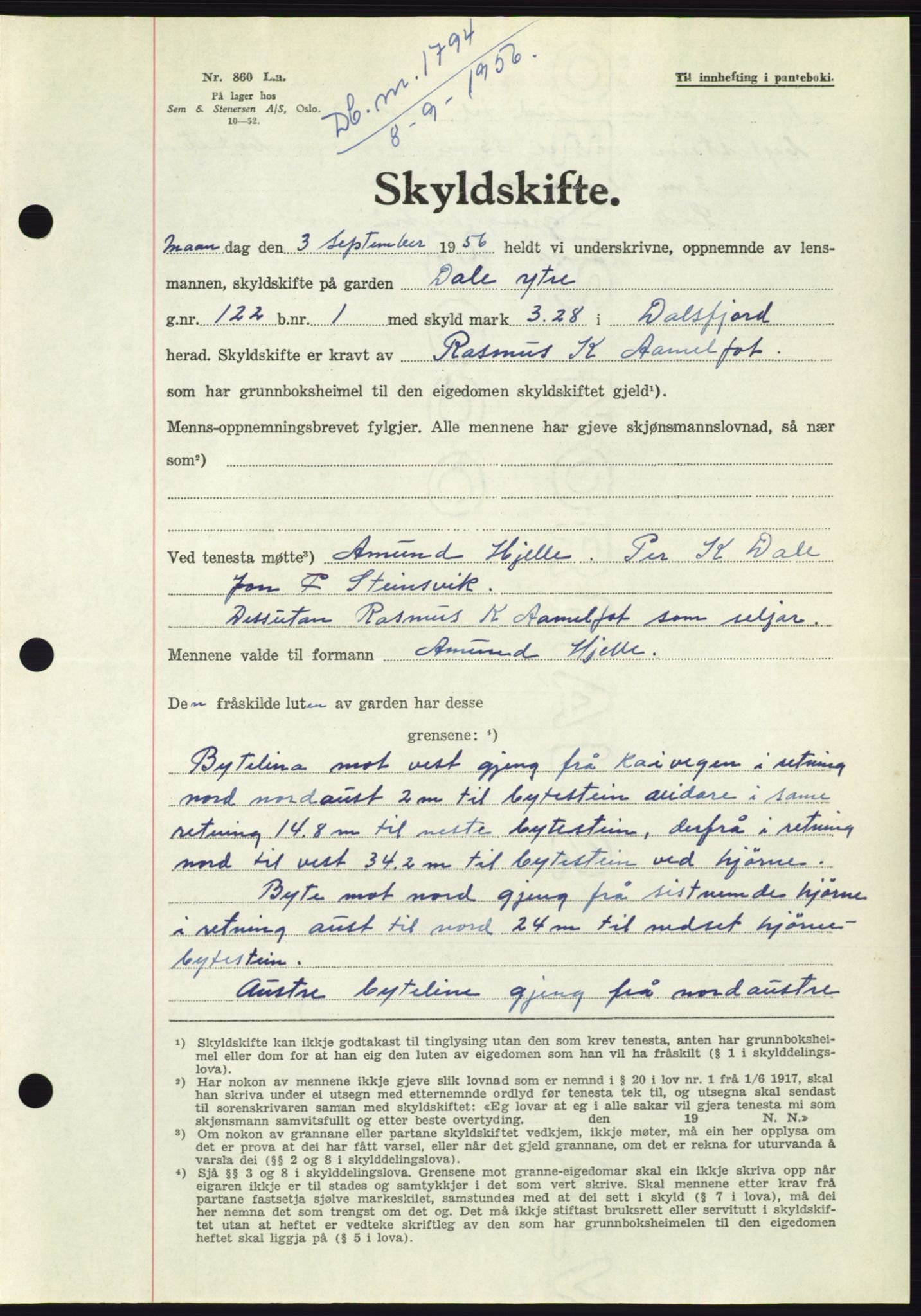 Søre Sunnmøre sorenskriveri, AV/SAT-A-4122/1/2/2C/L0104: Pantebok nr. 30A, 1956-1956, Dagboknr: 1794/1956