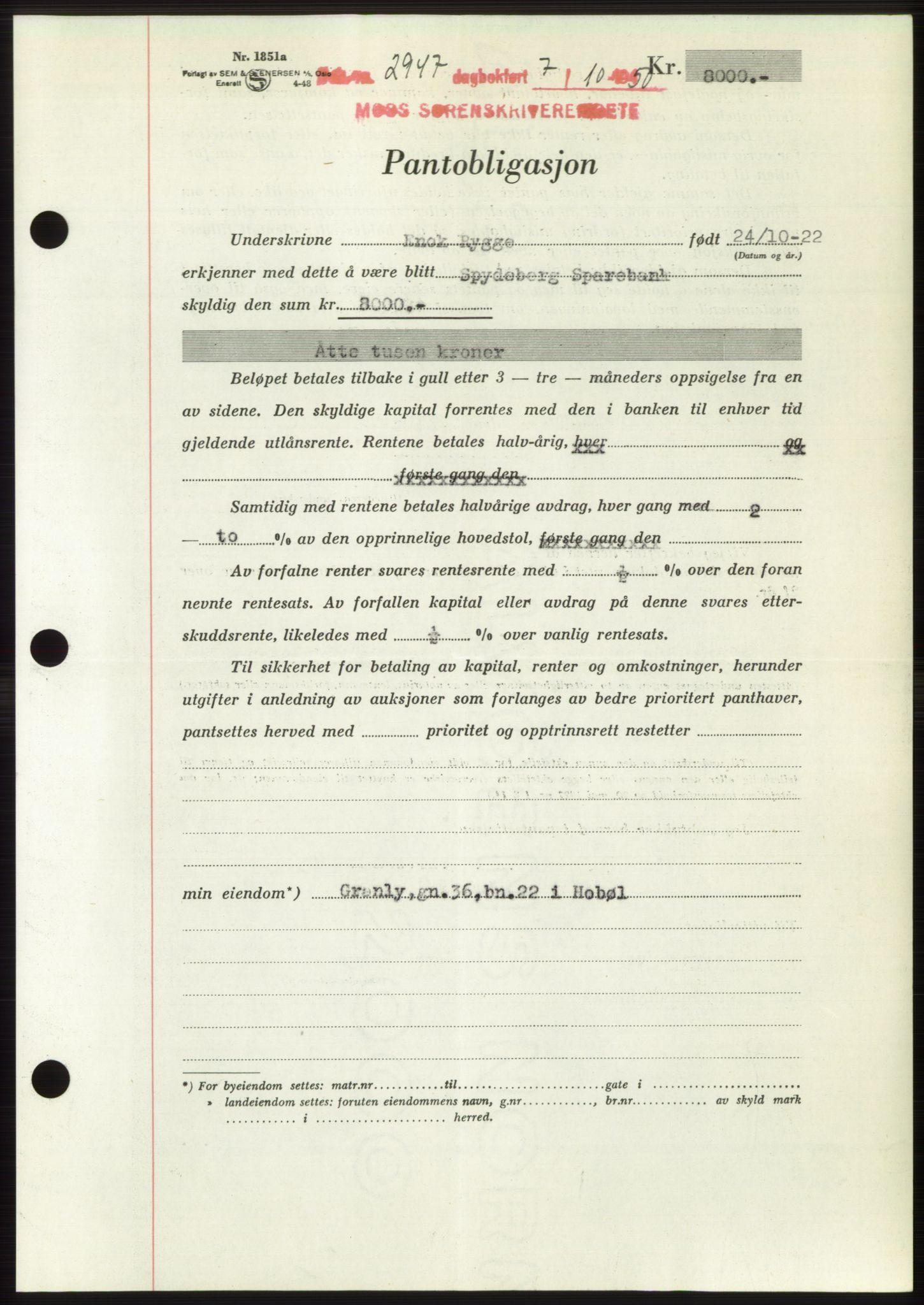 Moss sorenskriveri, SAO/A-10168: Pantebok nr. B25, 1950-1950, Dagboknr: 2947/1950