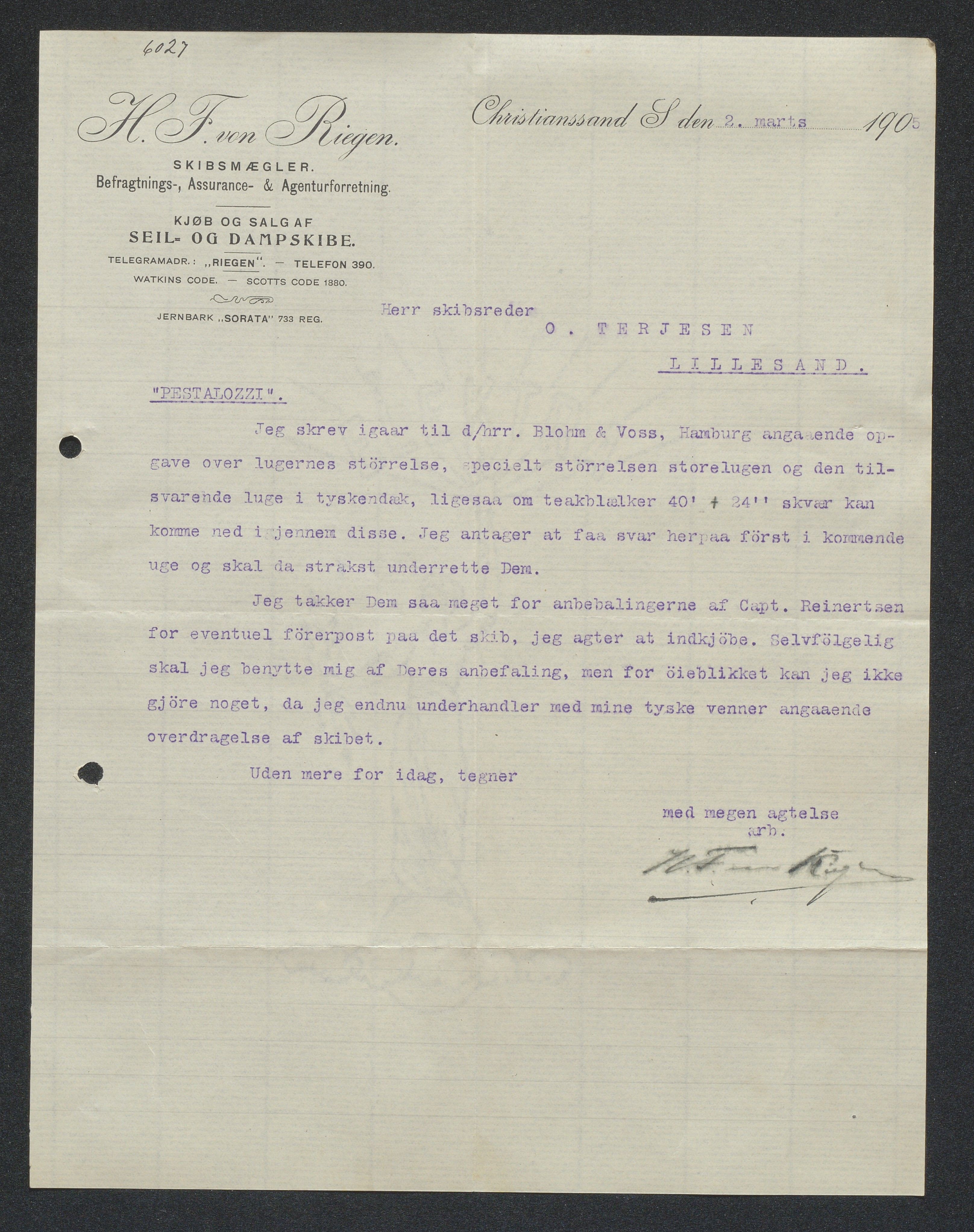 O. Terjesens rederi, AAKS/PA-2525/E/E01/L0013: Korrespondanse, 1904-1905