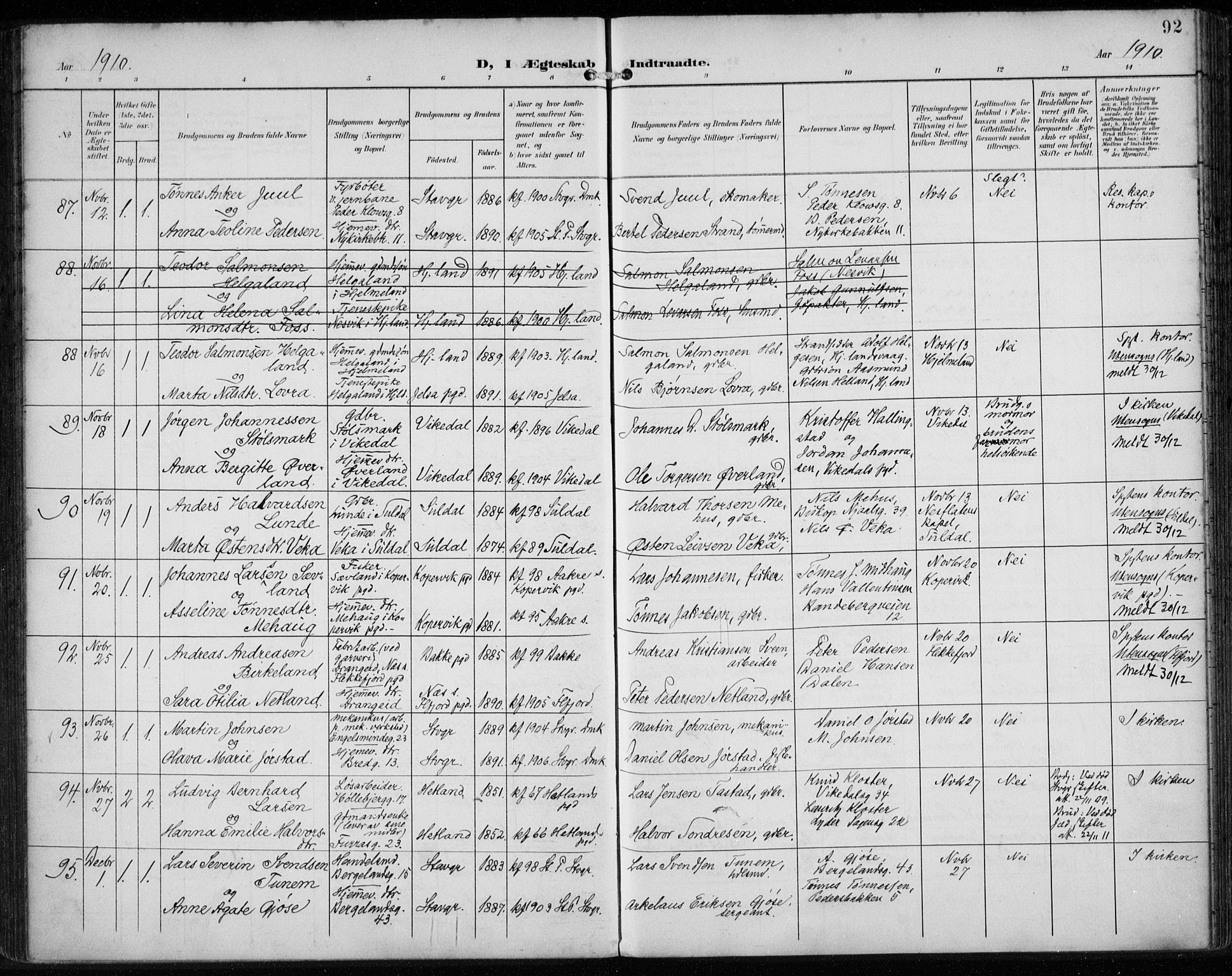 St. Petri sokneprestkontor, AV/SAST-A-101813/002/A/L0003: Ministerialbok nr. A 24, 1900-1921, s. 92