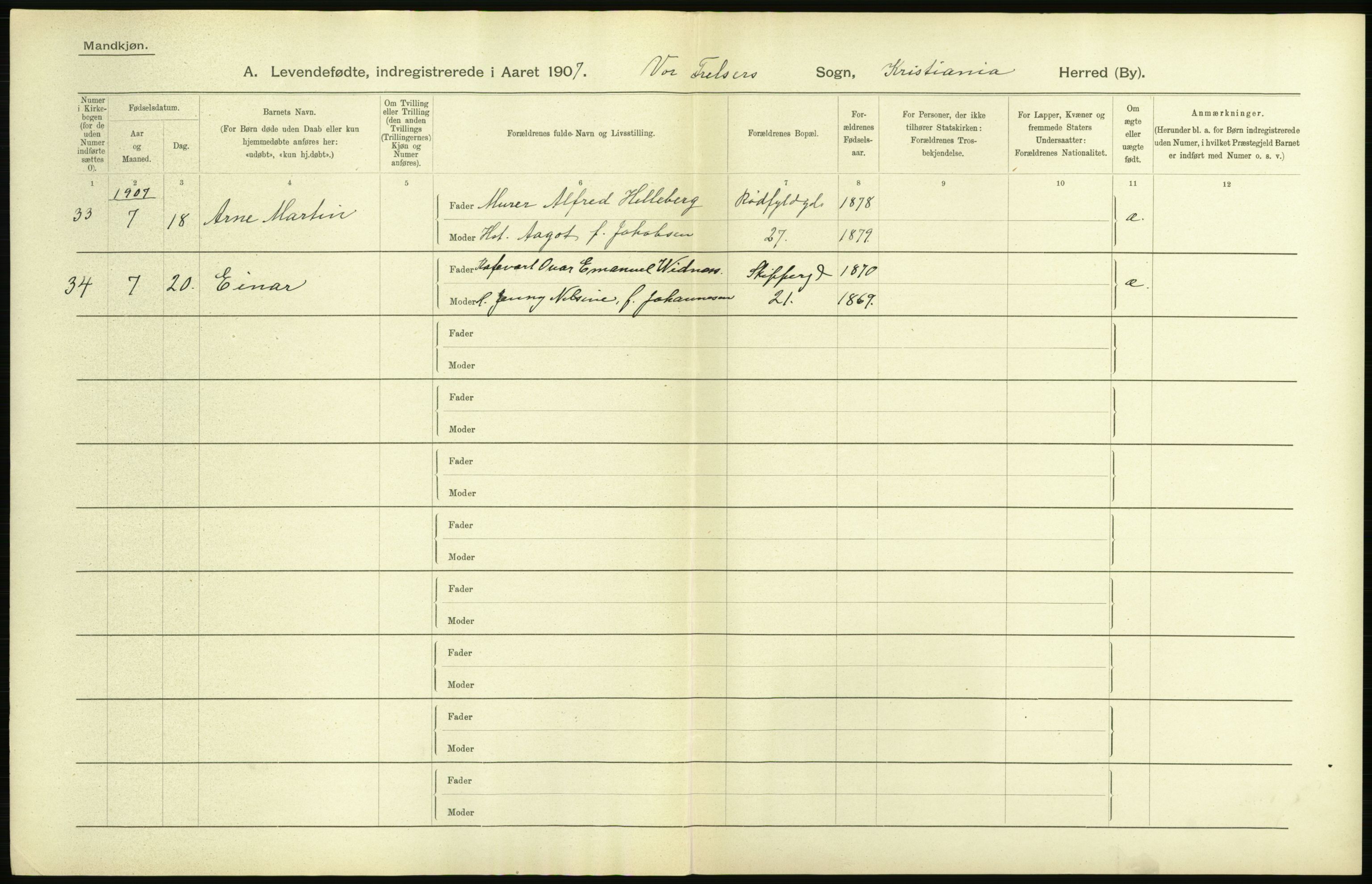 Statistisk sentralbyrå, Sosiodemografiske emner, Befolkning, AV/RA-S-2228/D/Df/Dfa/Dfae/L0006: Kristiania: Levendefødte menn og kvinner., 1907, s. 8