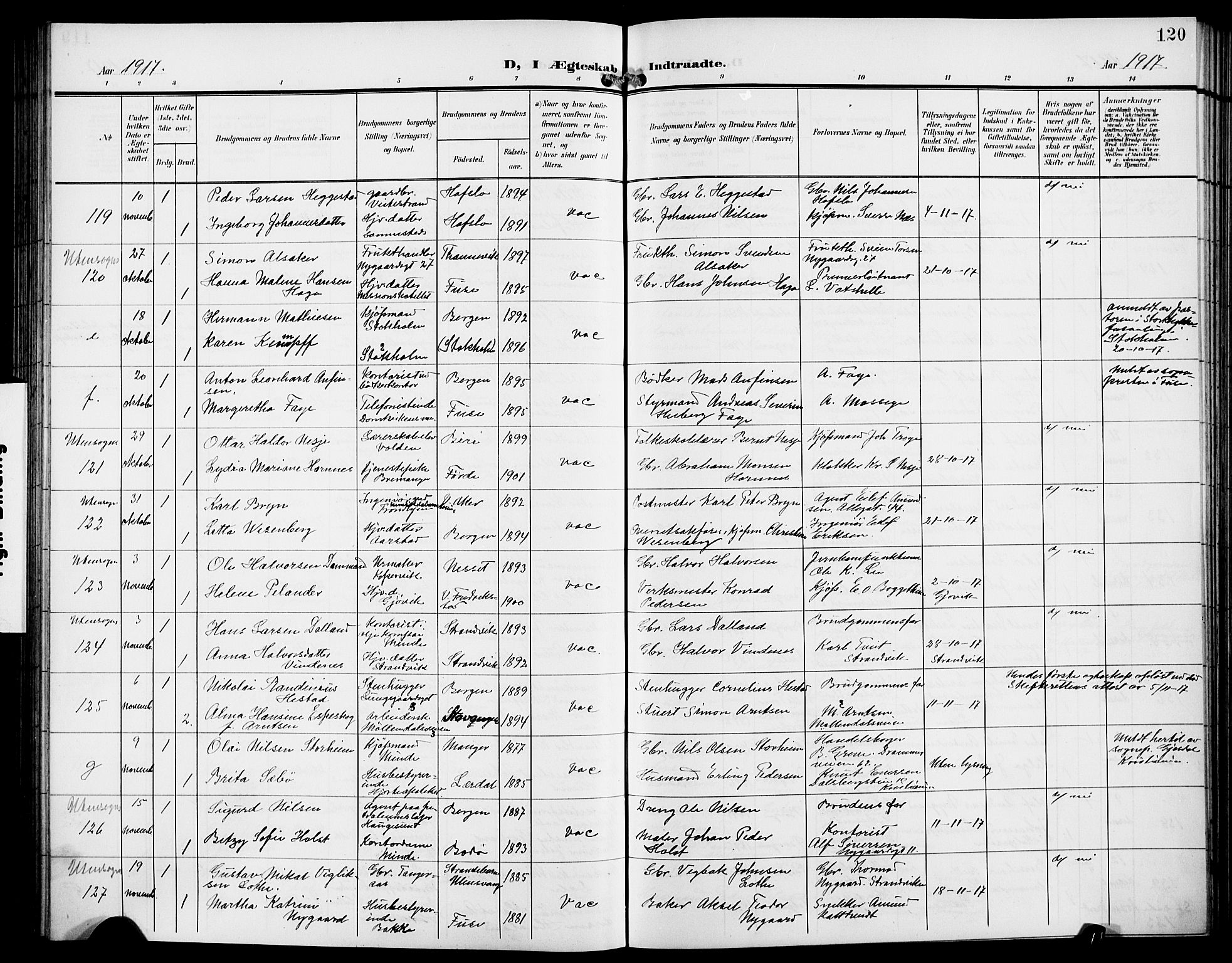 Domkirken sokneprestembete, AV/SAB-A-74801/H/Hab/L0033: Klokkerbok nr. D 5, 1907-1924, s. 120