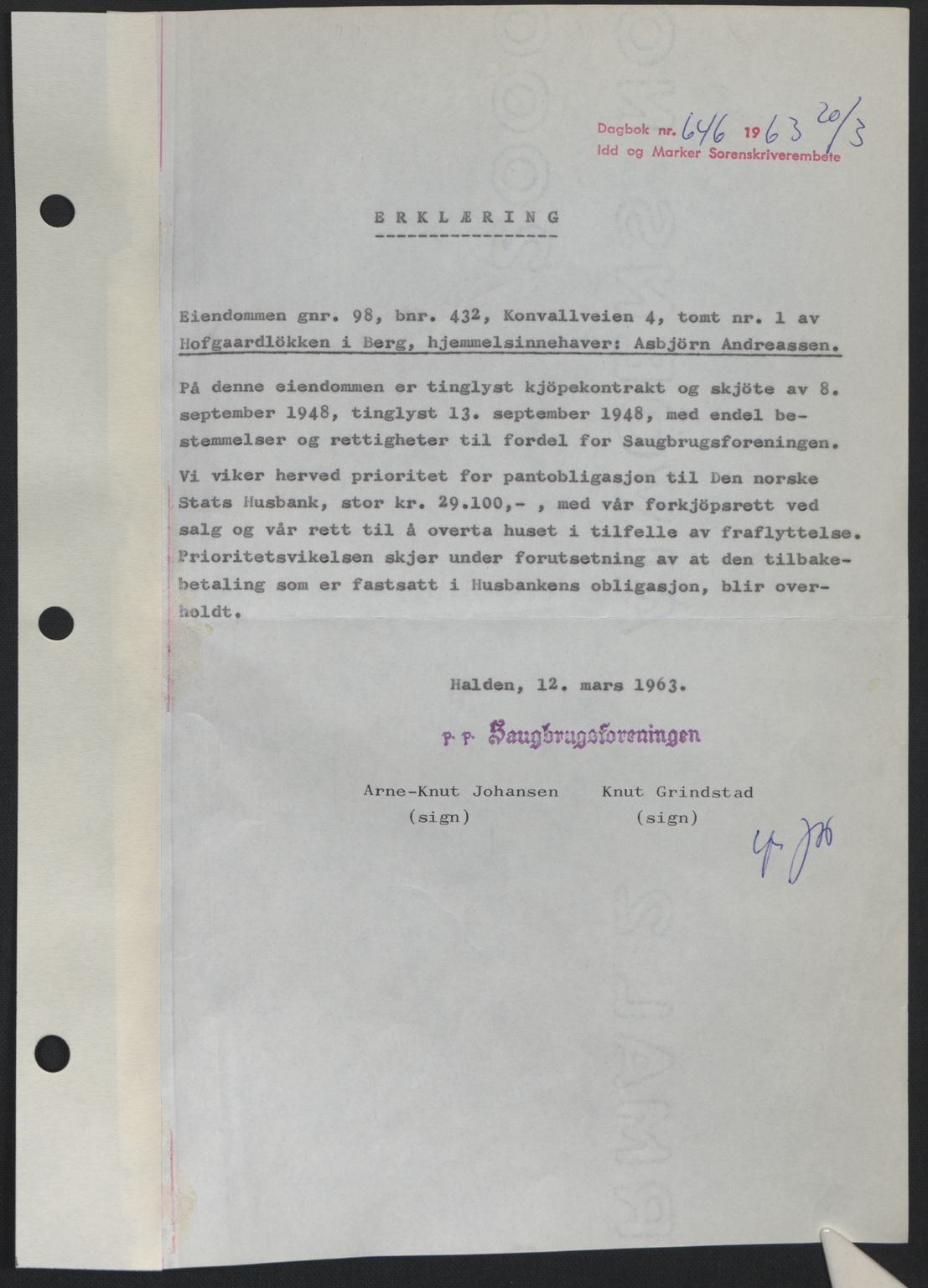 Idd og Marker sorenskriveri, SAO/A-10283/G/Gb/Gbb/L0011: Pantebok nr. A11, 1948-1949, Dagboknr: 646/1963