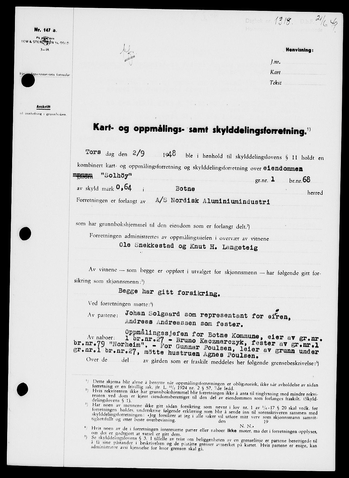 Holmestrand sorenskriveri, SAKO/A-67/G/Ga/Gaa/L0066: Pantebok nr. A-66, 1949-1949, Dagboknr: 1318/1949