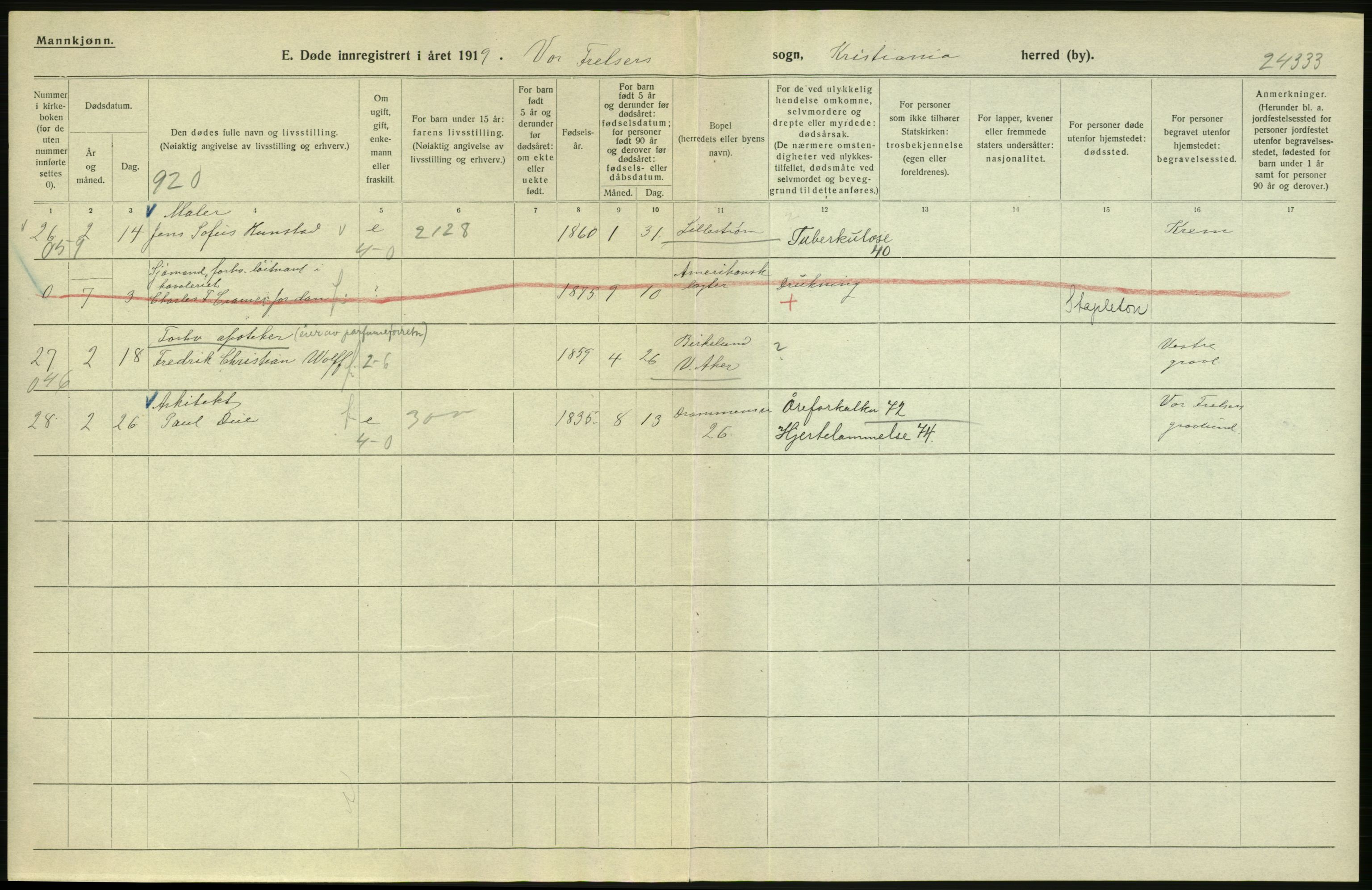 Statistisk sentralbyrå, Sosiodemografiske emner, Befolkning, AV/RA-S-2228/D/Df/Dfb/Dfbi/L0011: Kristiania: Døde, dødfødte, 1919