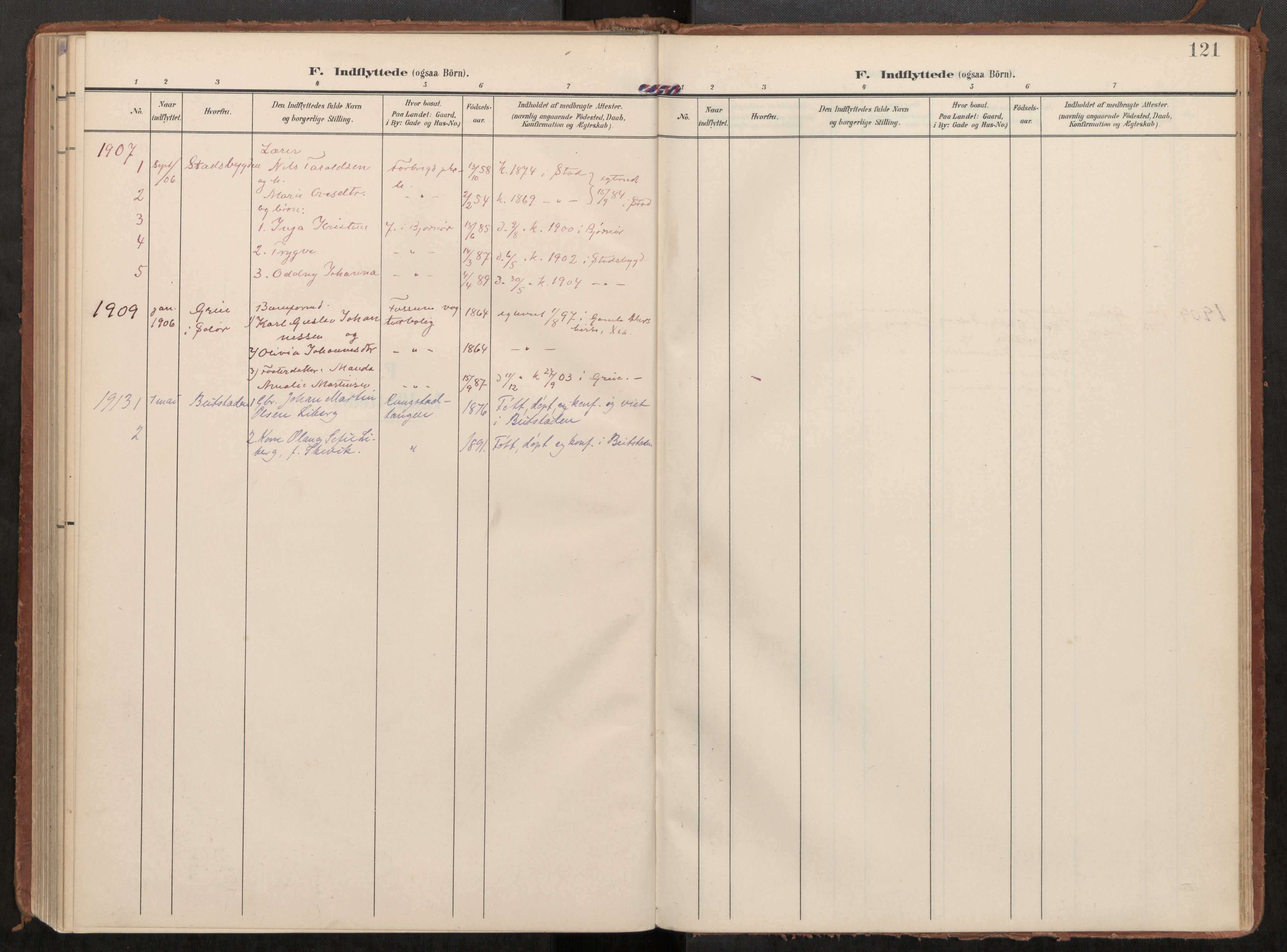 Steinkjer sokneprestkontor, AV/SAT-A-1541/01/H/Ha/Haa/L0002: Ministerialbok nr. 2, 1907-1917, s. 121