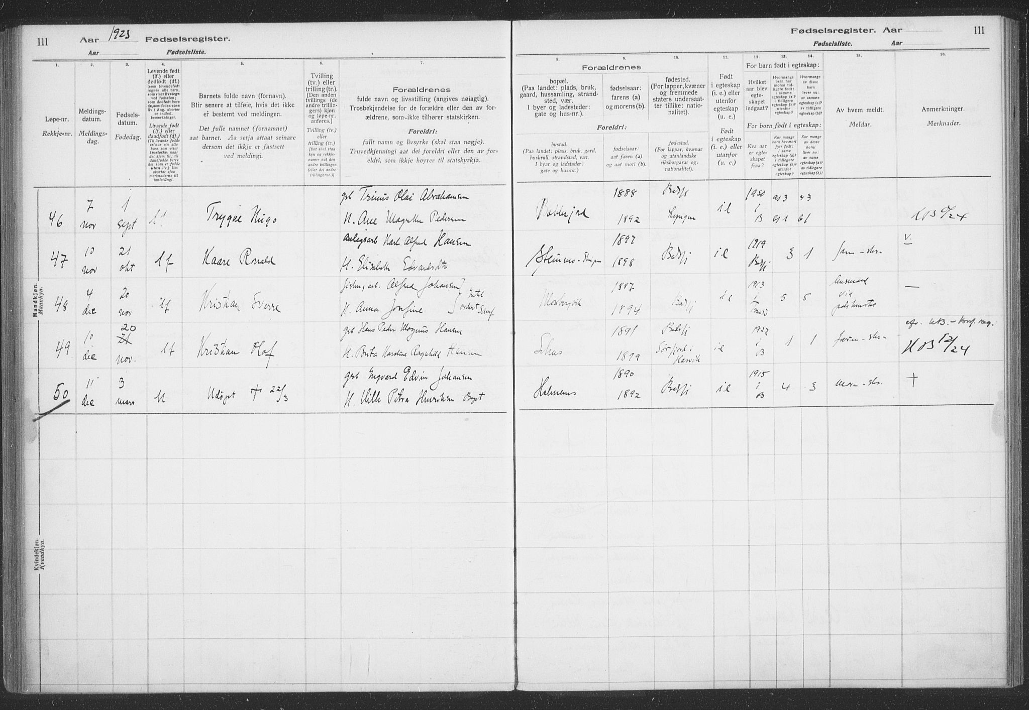 Balsfjord sokneprestembete, AV/SATØ-S-1303/H/Hb/L0059: Fødselsregister nr. 59, 1916-1930, s. 111