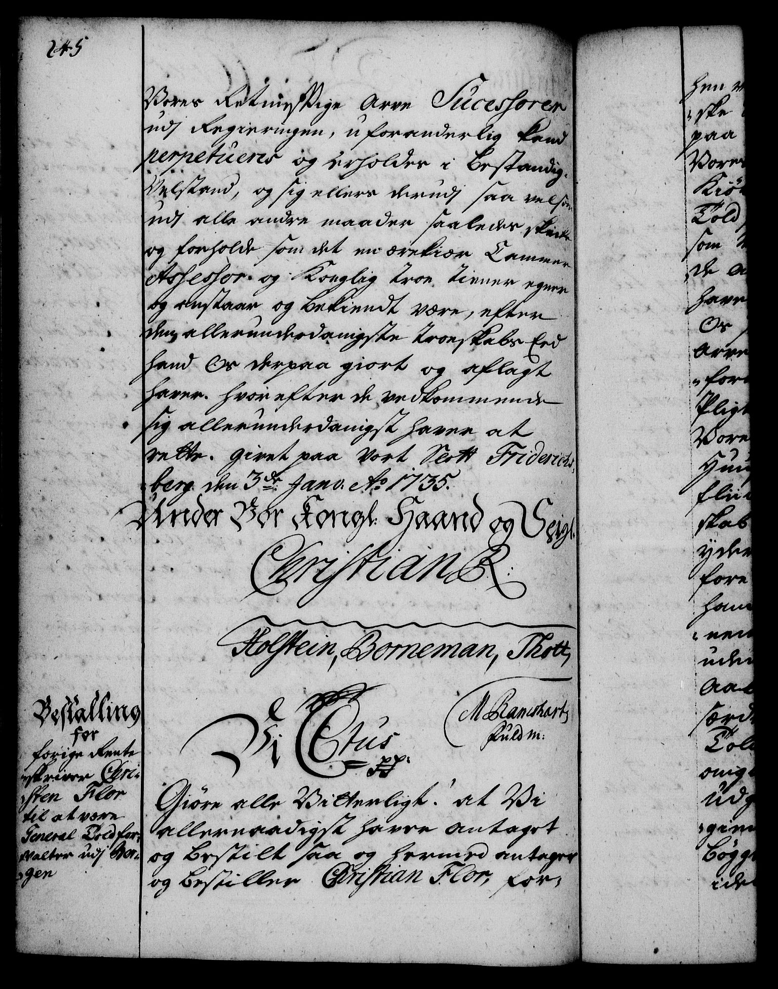 Rentekammeret, Kammerkanselliet, RA/EA-3111/G/Gg/Gge/L0002: Norsk bestallingsprotokoll med register (merket RK 53.26), 1730-1744, s. 245
