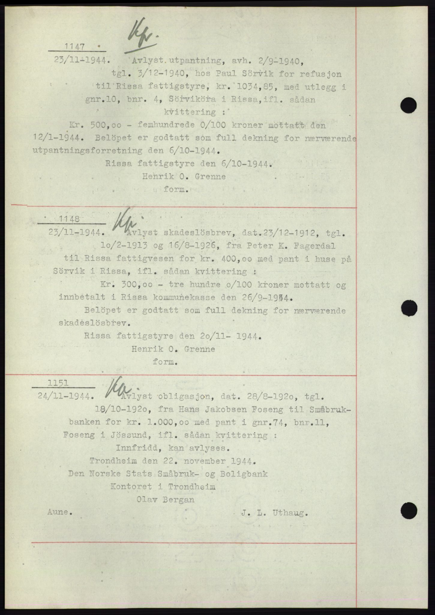 Fosen sorenskriveri, AV/SAT-A-1107/1/2/2C: Pantebok nr. B1, 1943-1946, Dagboknr: 1147/1944