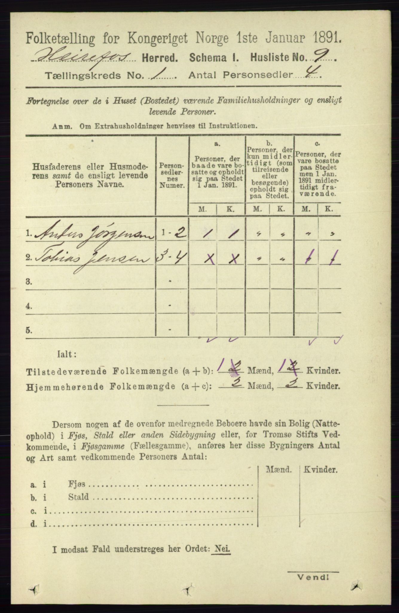 RA, Folketelling 1891 for 0933 Herefoss herred, 1891, s. 21