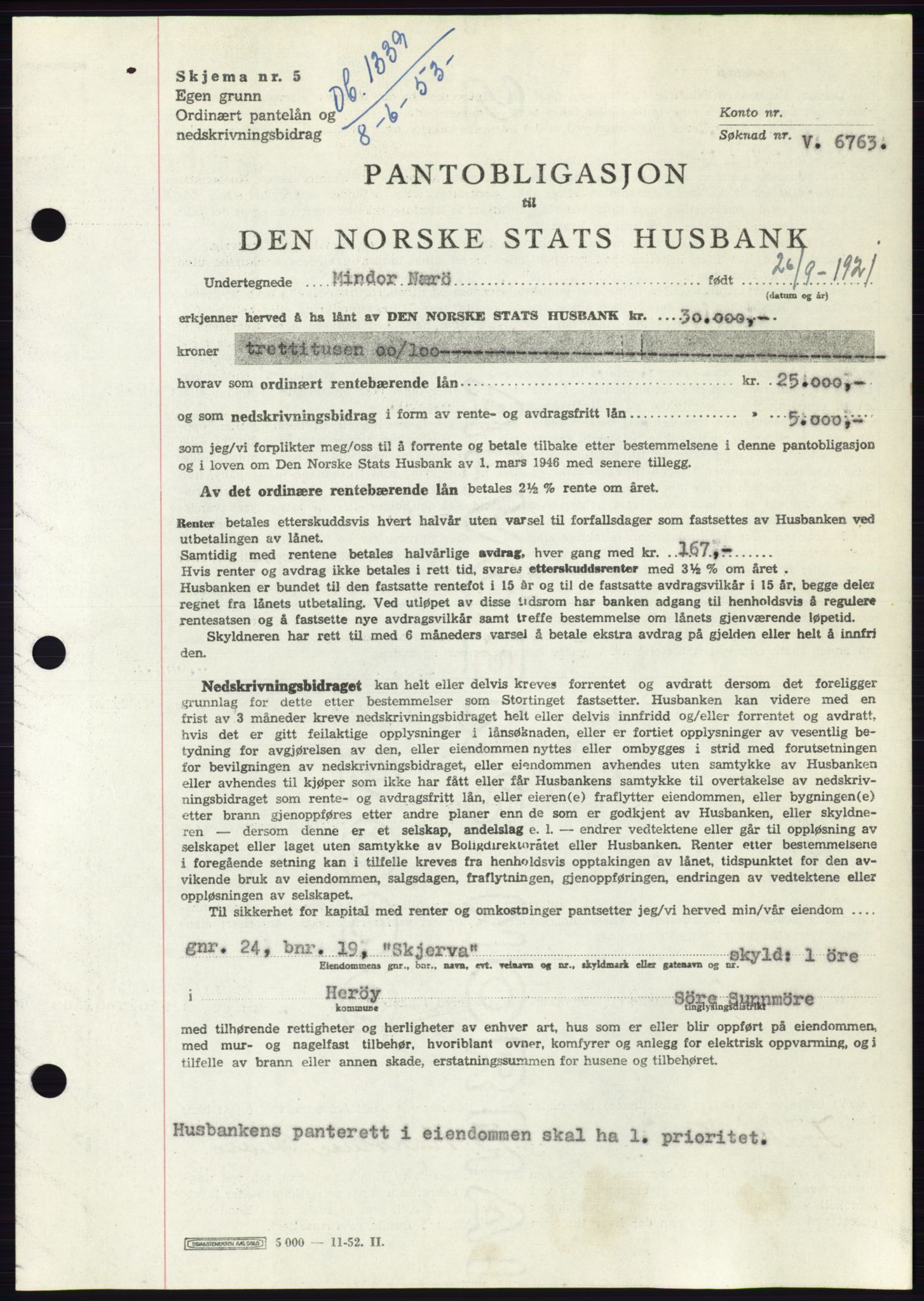 Søre Sunnmøre sorenskriveri, SAT/A-4122/1/2/2C/L0123: Pantebok nr. 11B, 1953-1953, Dagboknr: 1339/1953